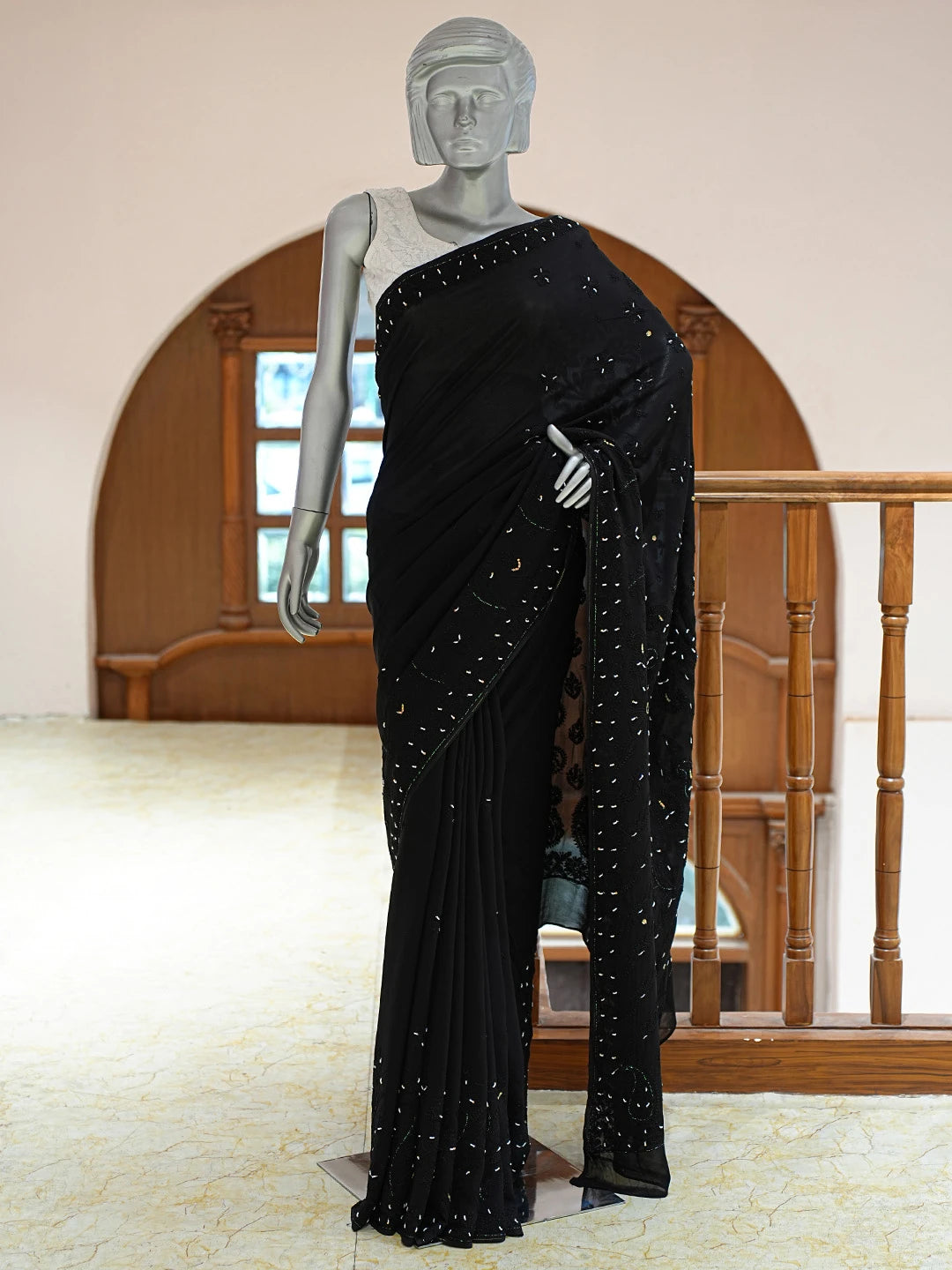 Ada Hand Embroidered Black Viscose Georgette Lucknowi Chikankari Saree With Blouse With Pearl Work 01A762080