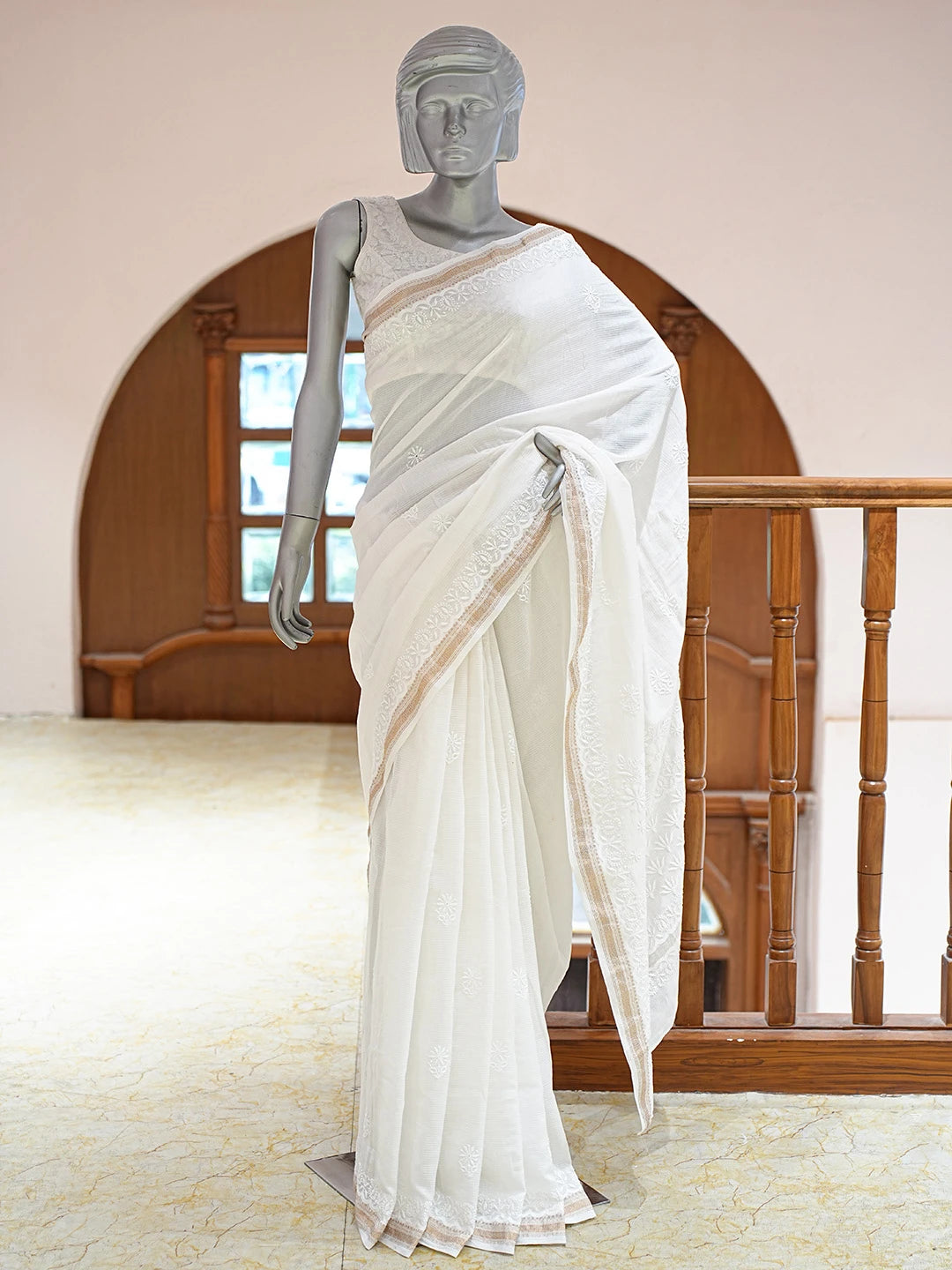 Ada Hand Embroidered White Chanderi Lucknowi Chikankari Saree With Blouse 01A640162