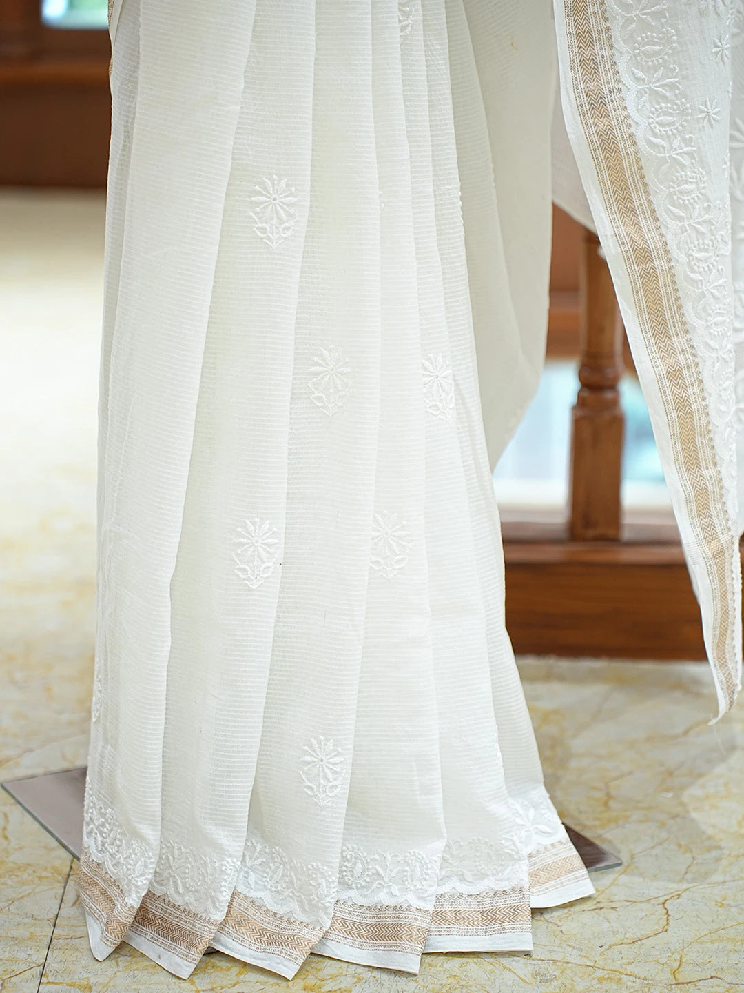 Ada Hand Embroidered White Chanderi Lucknowi Chikankari Saree With Blouse 01A640162
