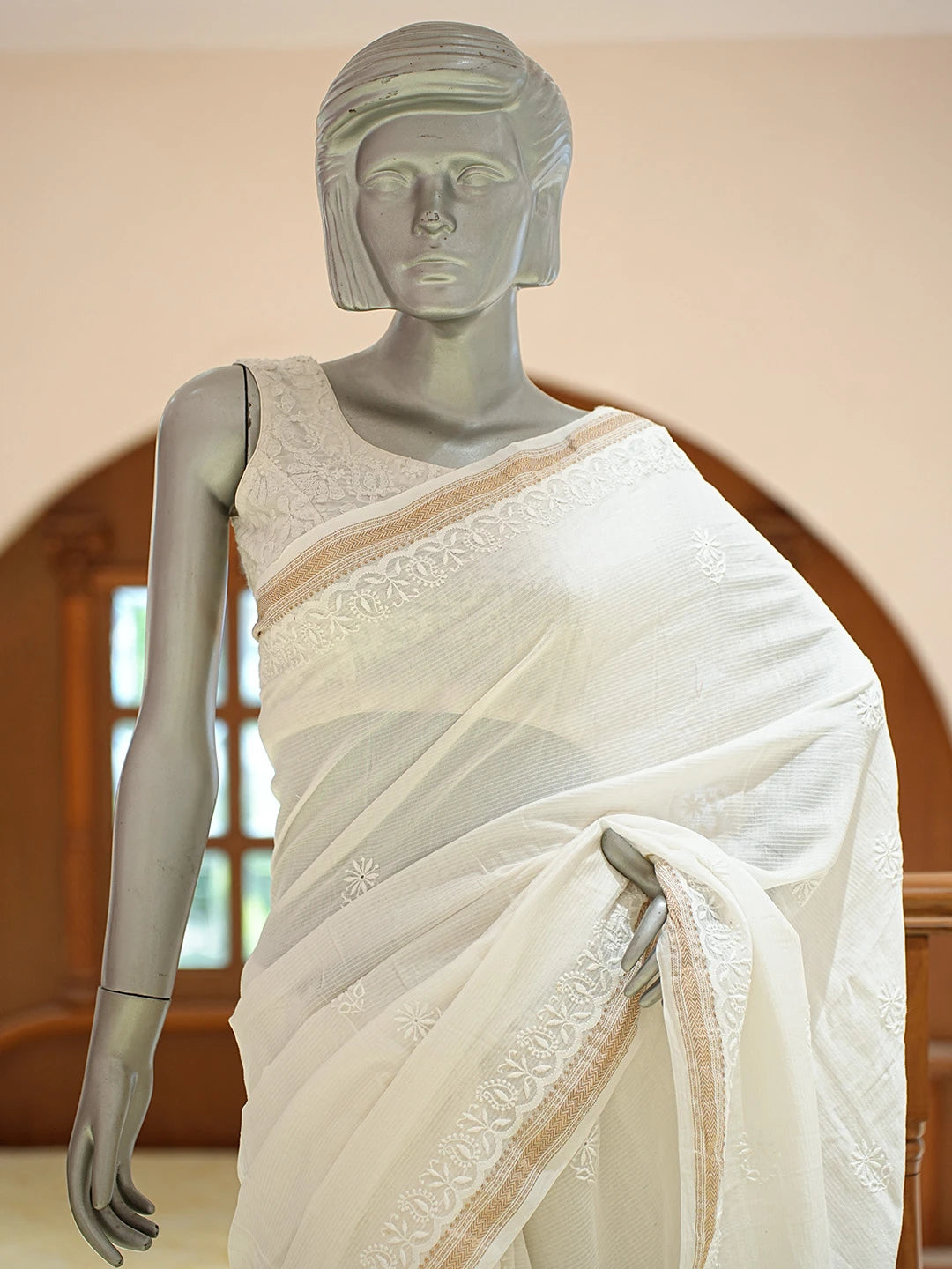 Ada Hand Embroidered White Chanderi Lucknowi Chikankari Saree With Blouse 01A640162