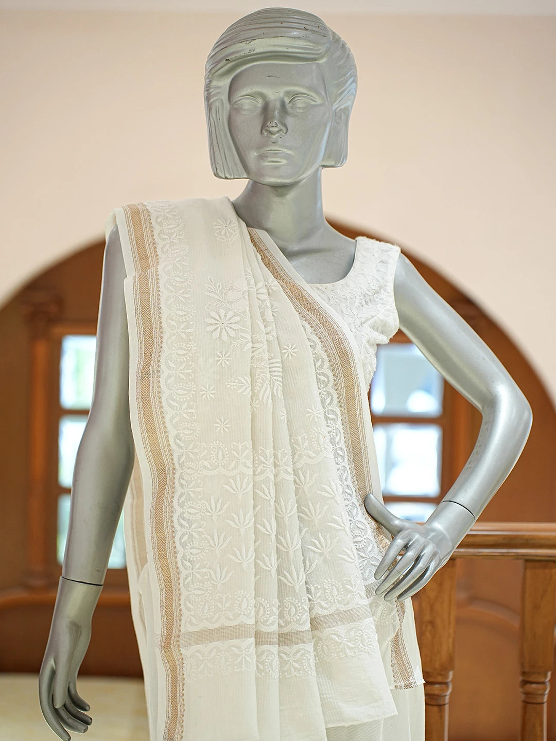 Ada Hand Embroidered White Chanderi Lucknowi Chikankari Saree With Blouse 01A640162