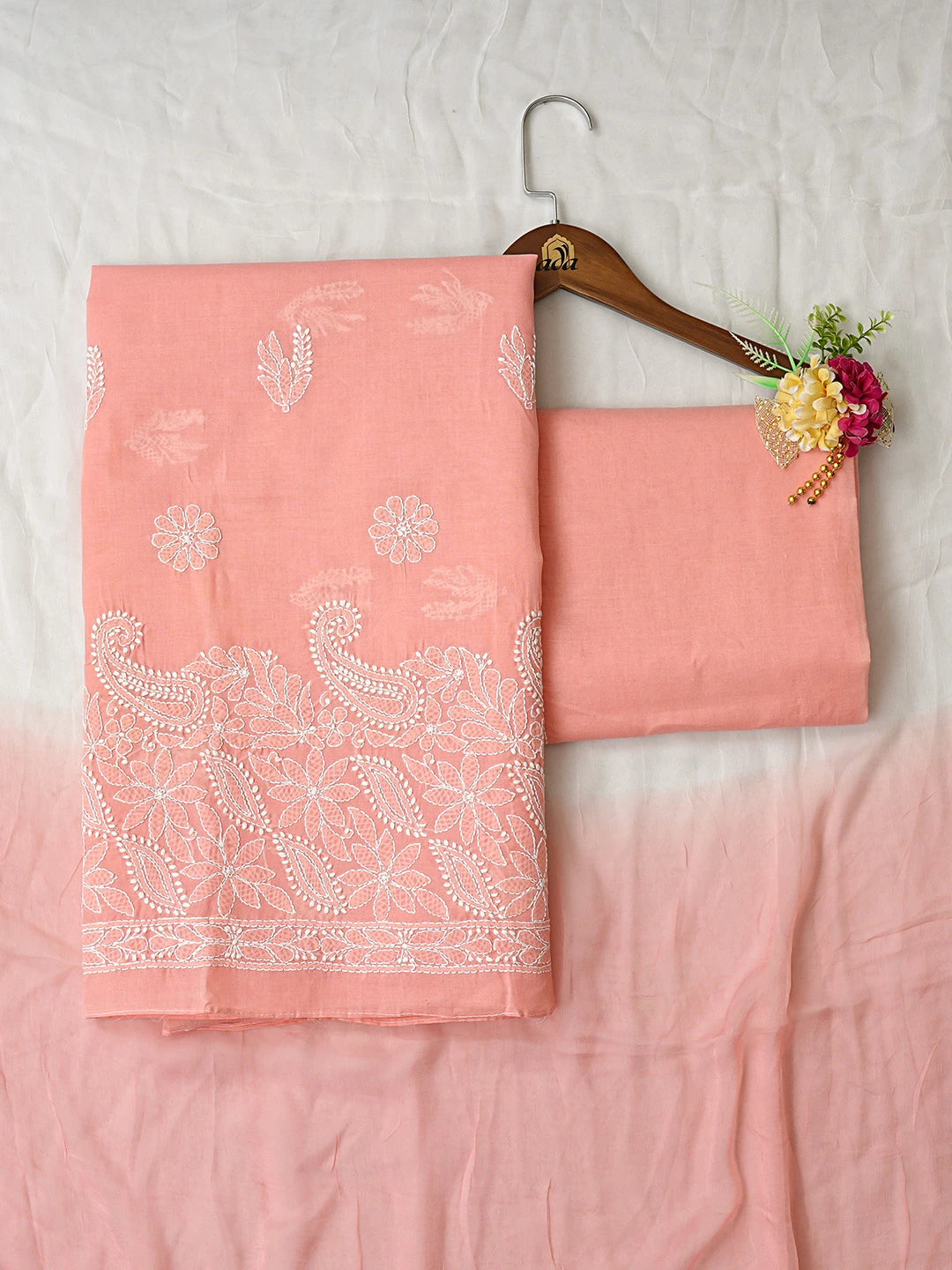 Ada Hand Embroidered Peach Cotton Lucknowi Chikankari Unstitched Suit Piece 08A500528