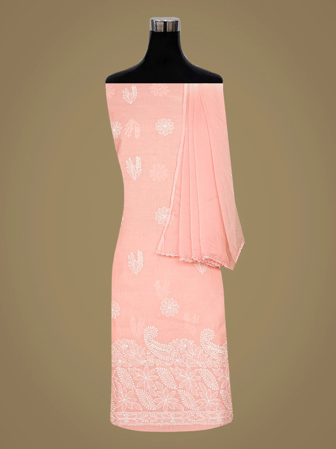 Ada Hand Embroidered Peach Cotton Lucknowi Chikankari Unstitched Suit Piece 08A500528