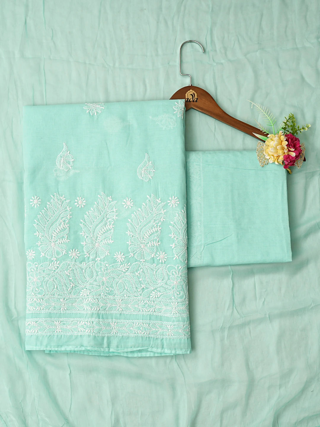 Ada Hand Embroidered Sea Green Cotton Lucknowi Chikankari Unstitched Suit Piece 08A500517