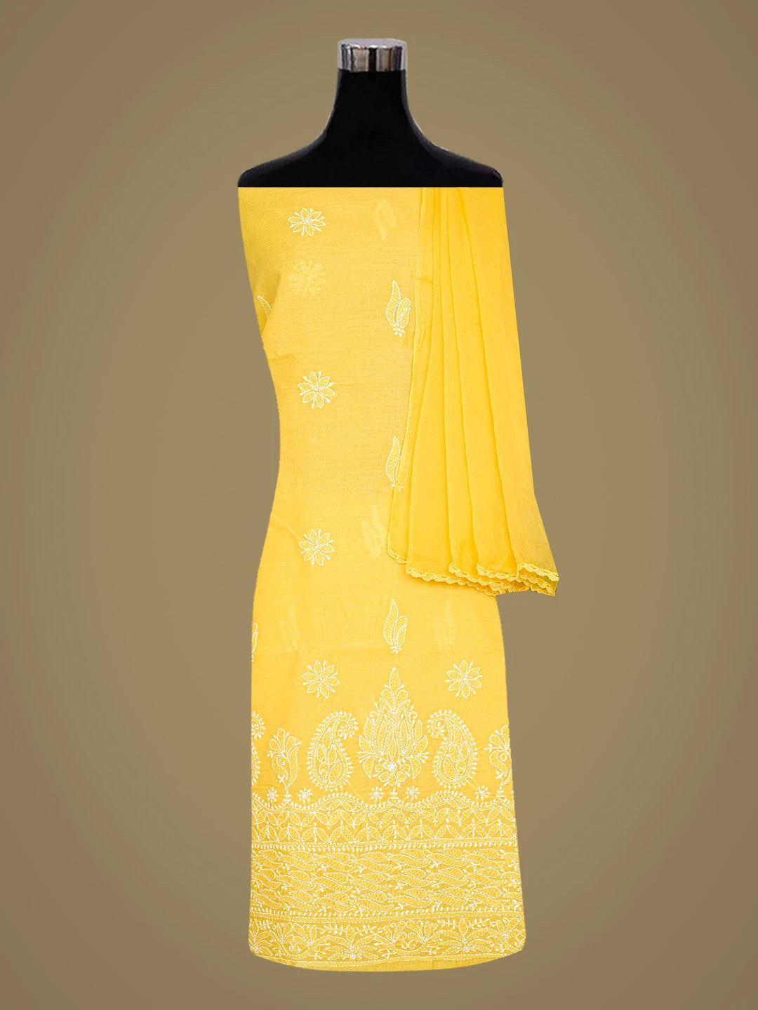 Ada Hand Embroidered Yellow Cotton Lucknowi Chikankari Unstitched Suit Piece 01A819047