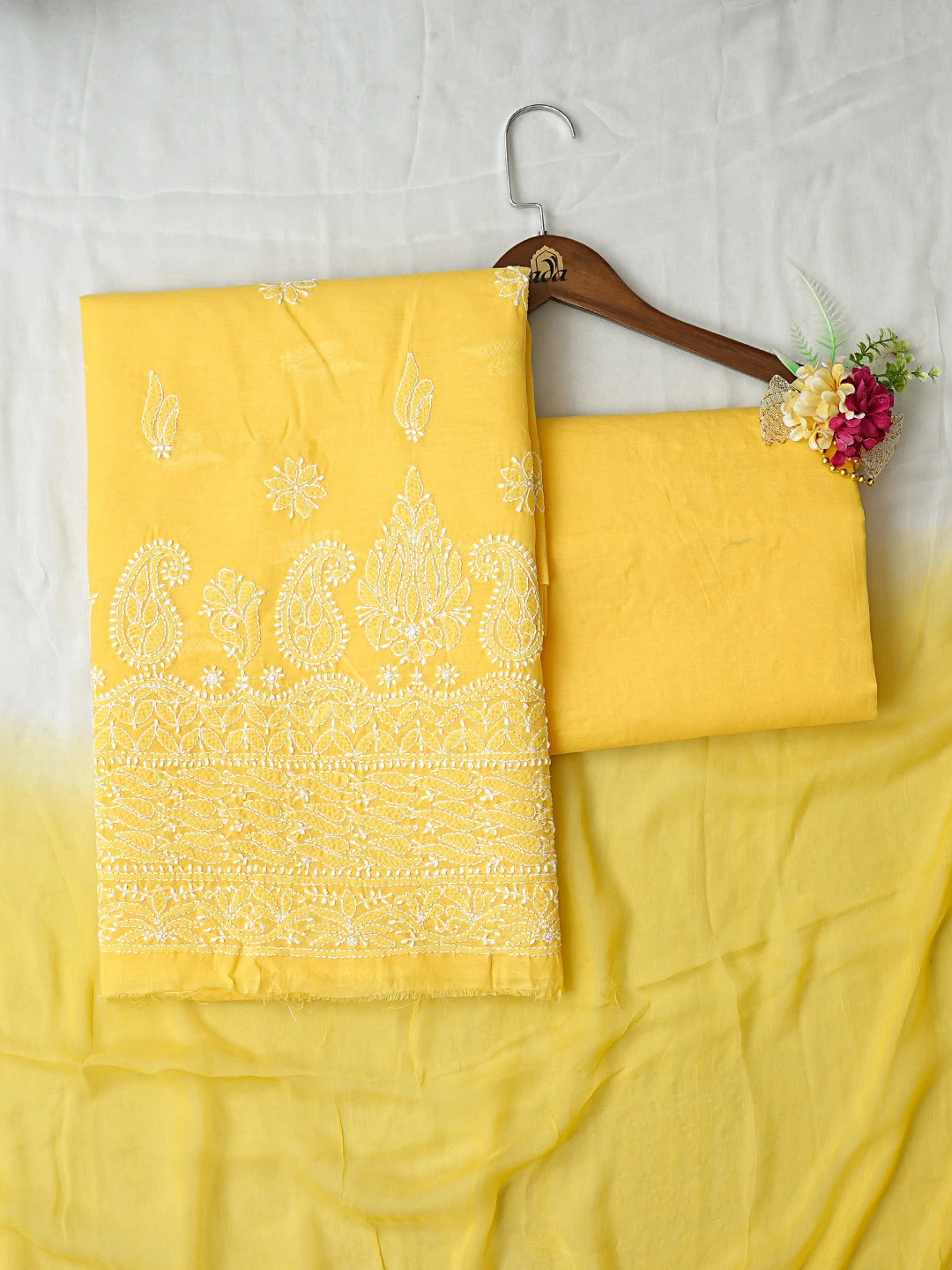 Ada Hand Embroidered Yellow Cotton Lucknowi Chikankari Unstitched Suit Piece 01A819047