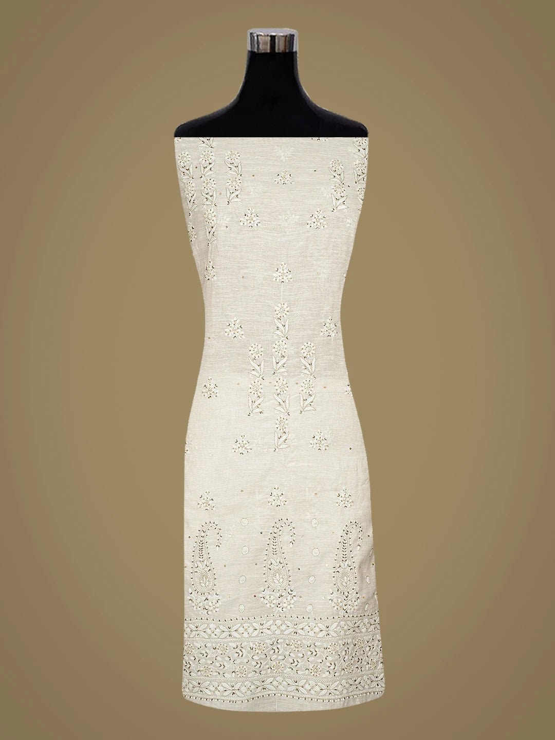 Ada Hand Embroidered White Chanderi Lucknowi Chikankari Unstitched Kurta Dupatta Set With Cutdana Work 01A421056