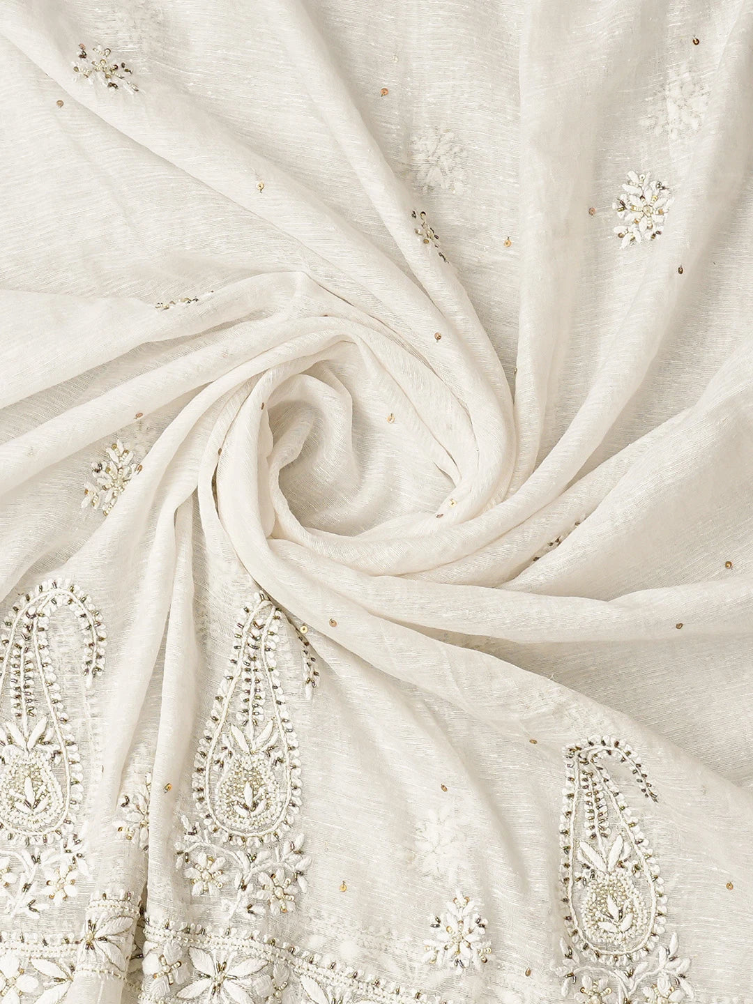 Ada Hand Embroidered White Chanderi Lucknowi Chikankari Unstitched Kurta Dupatta Set With Cutdana Work 01A421056