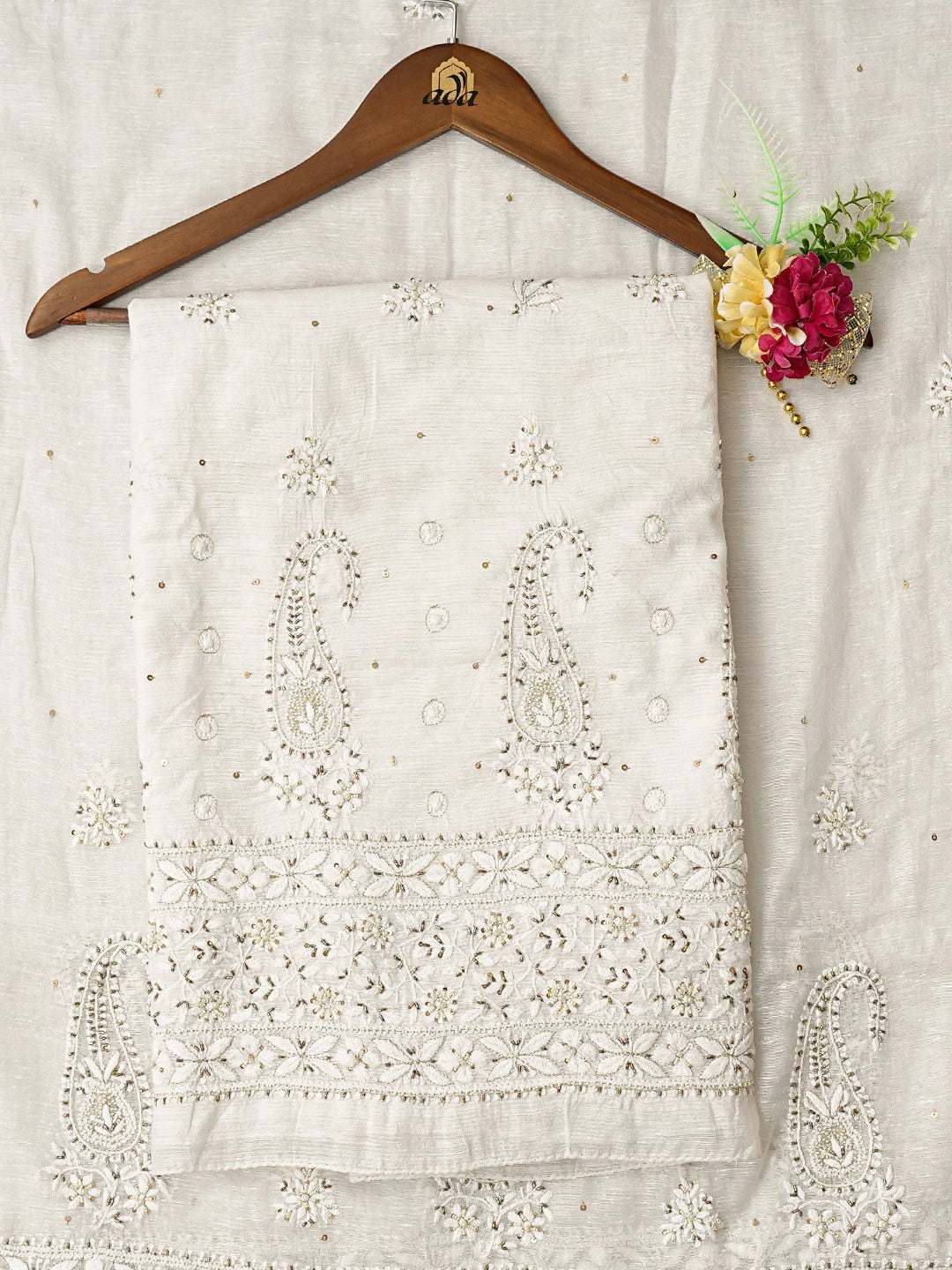 Ada Hand Embroidered White Chanderi Lucknowi Chikankari Unstitched Kurta Dupatta Set With Cutdana Work 01A421056