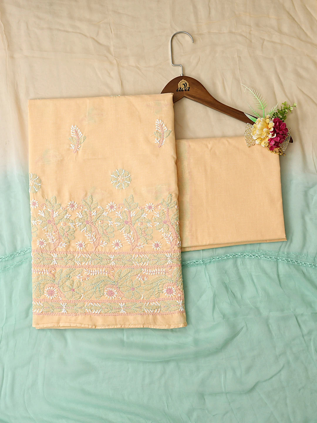 Ada Hand Embroidered Light Peach Cotton Lucknowi Chikankari Unstitched Suit Piece 08A500543