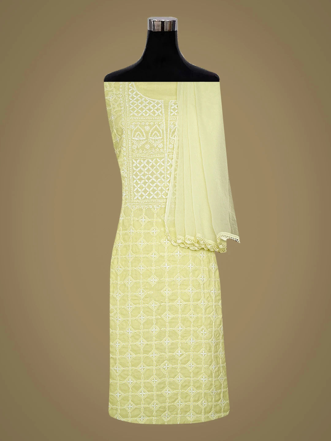 Ada Hand Embroidered Lime Green Cotton Lucknowi Chikankari Unstitched Suit Piece 01A818610
