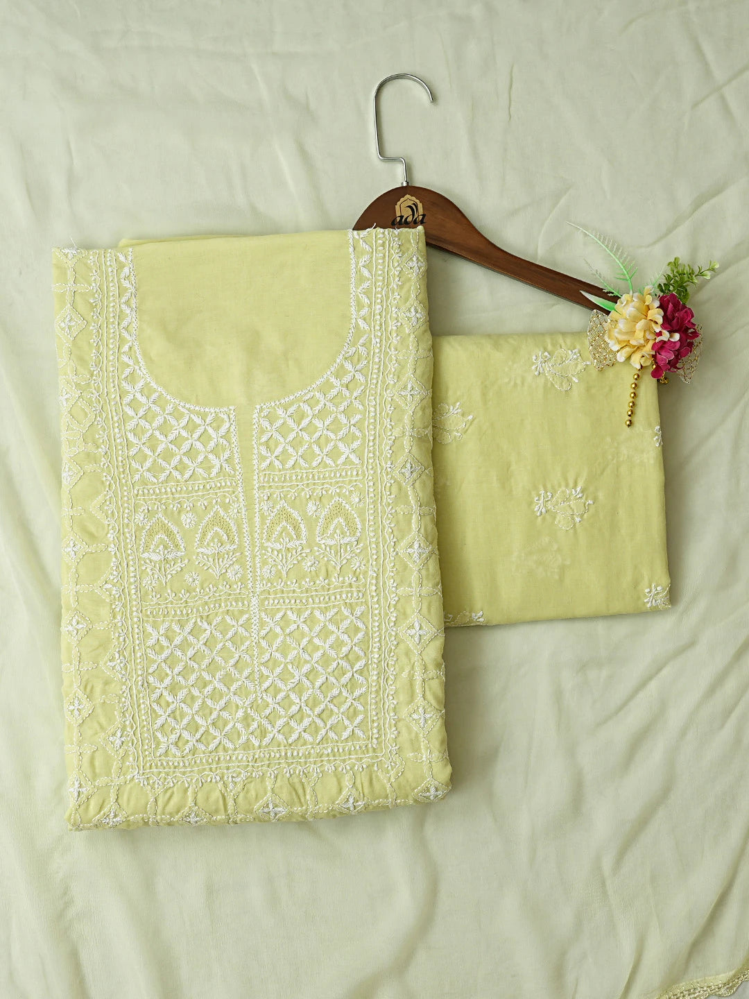 Ada Hand Embroidered Lime Green Cotton Lucknowi Chikankari Unstitched Suit Piece 01A818610
