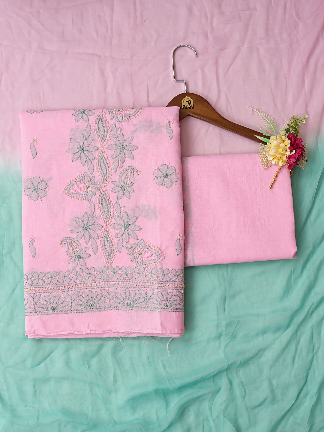Ada Hand Embroidered Pink Cotton Lucknowi Chikankari Unstitched Suit Piece 08A500486