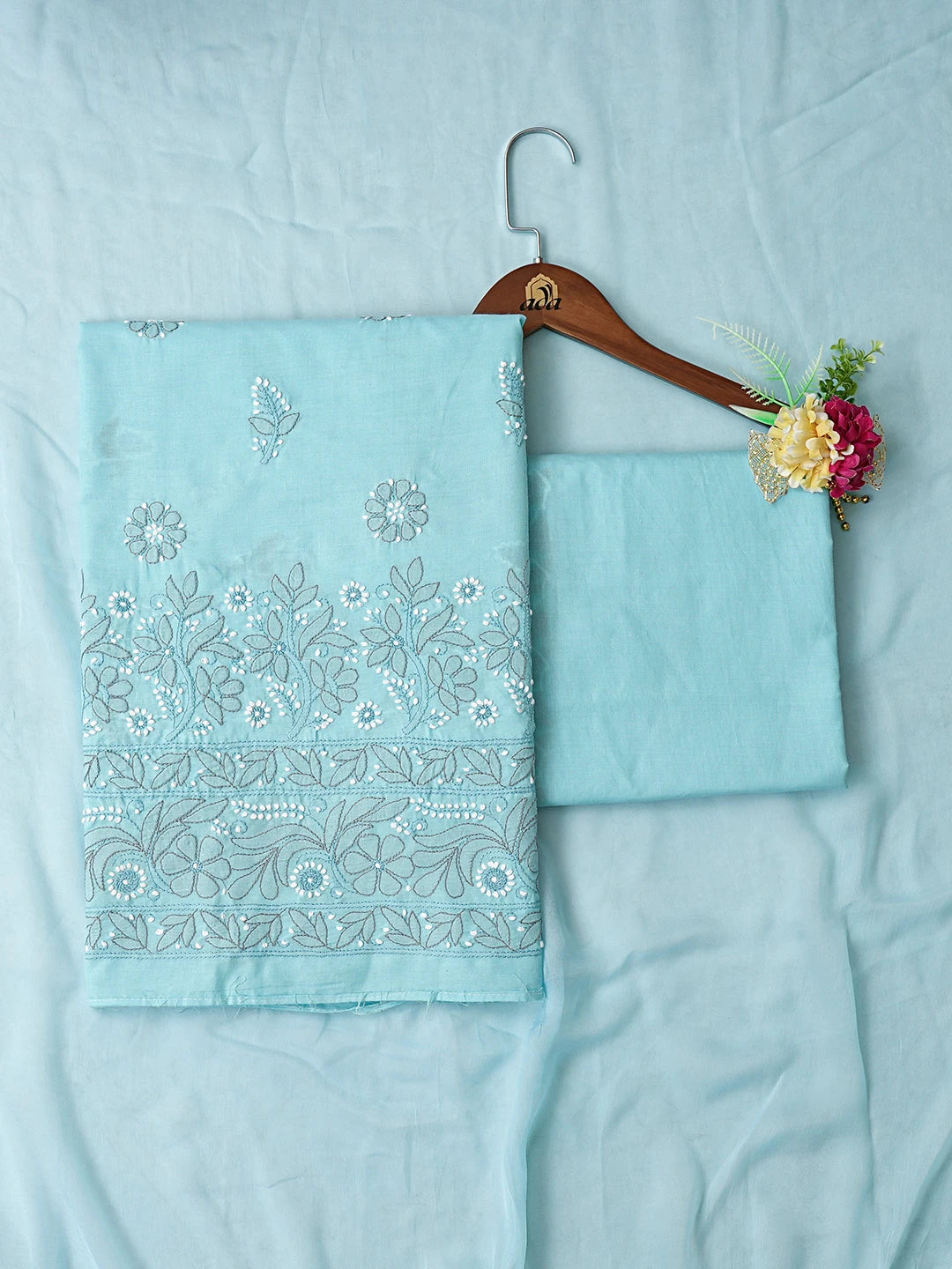 Ada Hand Embroidered Blue Cotton Lucknowi Chikankari Unstitched Suit Piece 08A500547