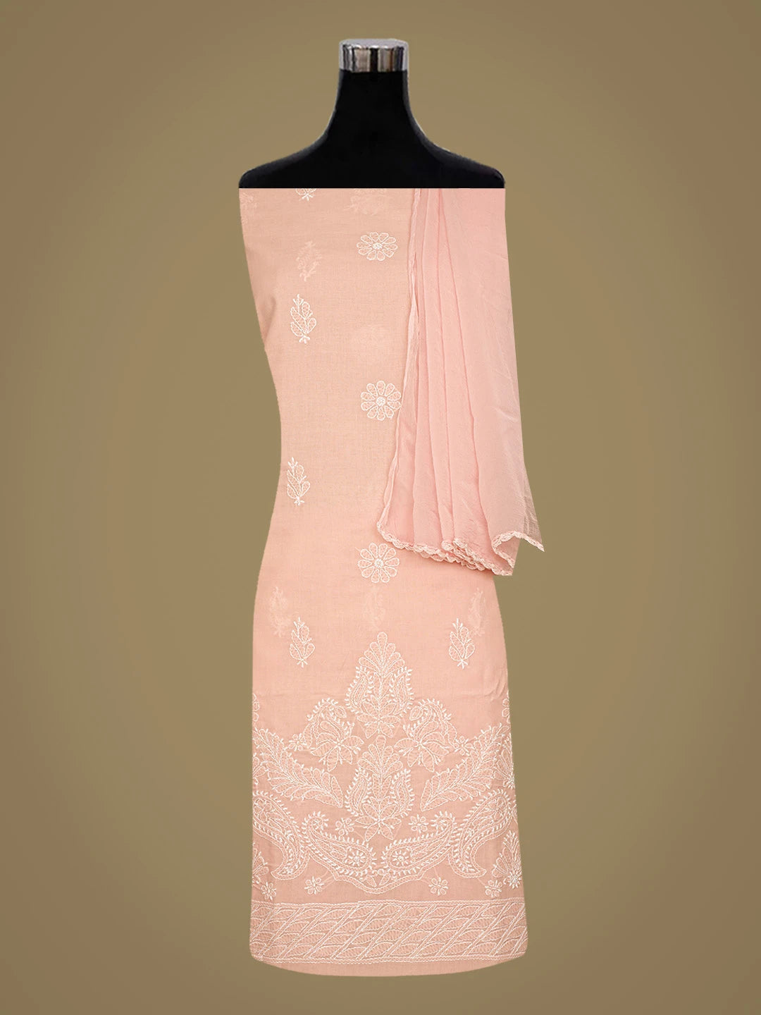 Ada Hand Embroidered Peach Cotton Lucknowi Chikankari Unstitched Suit Piece 08A500527