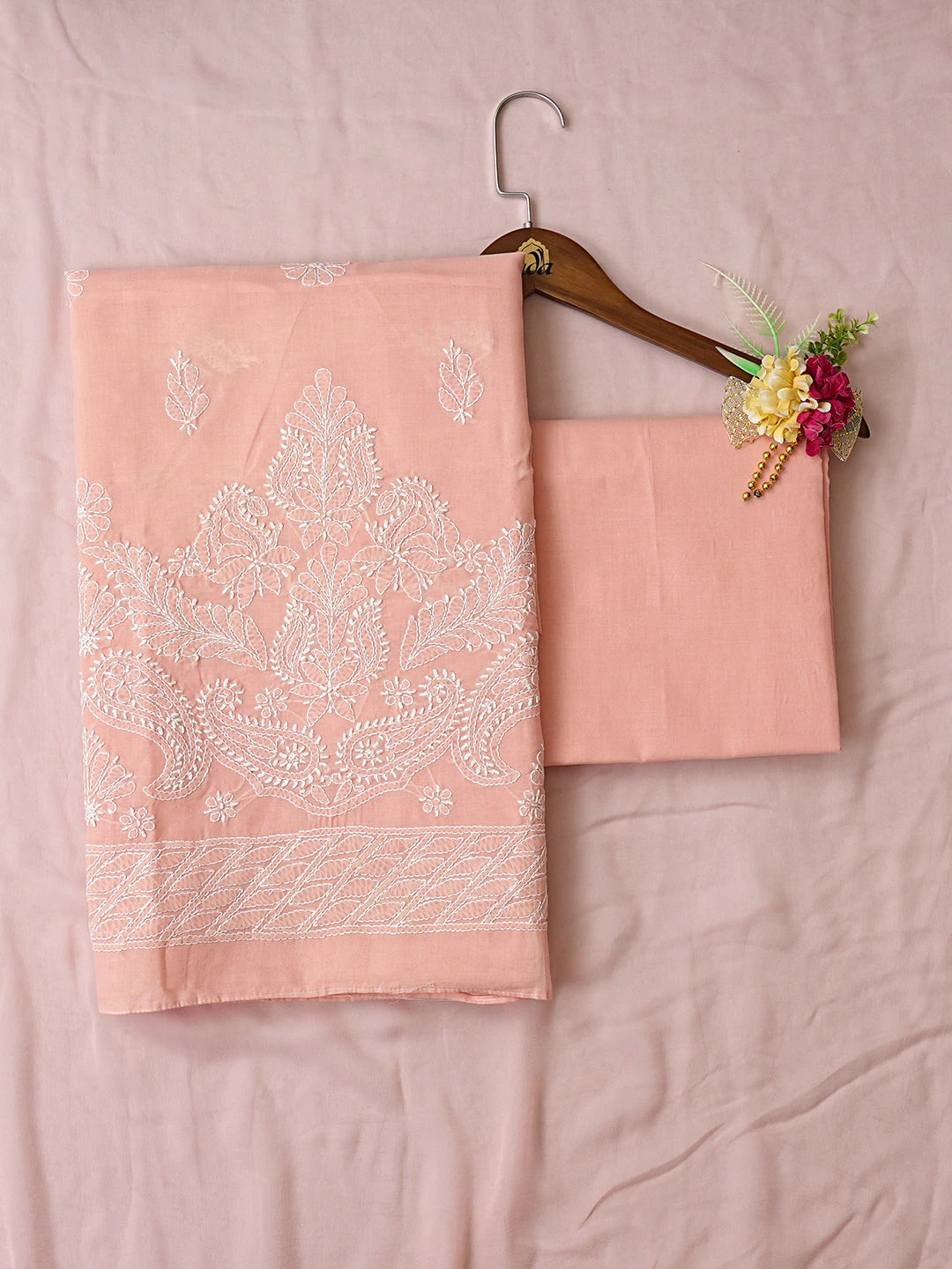 Ada Hand Embroidered Peach Cotton Lucknowi Chikankari Unstitched Suit Piece 08A500527