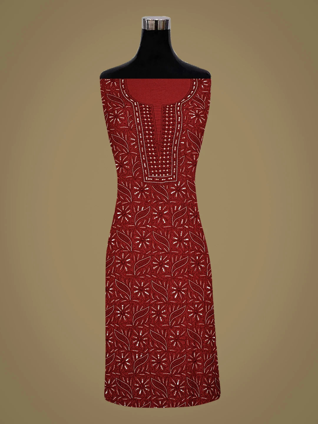 Ada Hand Embroidered Maroon Chanderi Lucknowi Chikankari Unstitched Kurta Dupatta Set With Sequinned Work 01A354618