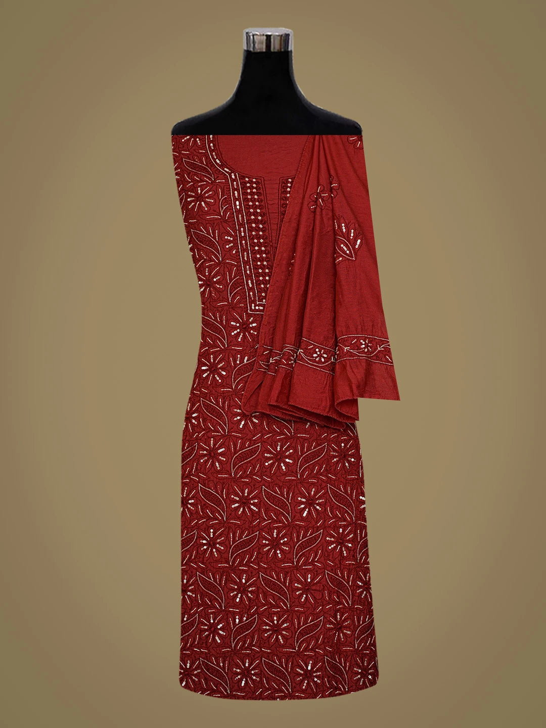 Ada Hand Embroidered Maroon Chanderi Lucknowi Chikankari Unstitched Kurta Dupatta Set With Sequinned Work 01A354618