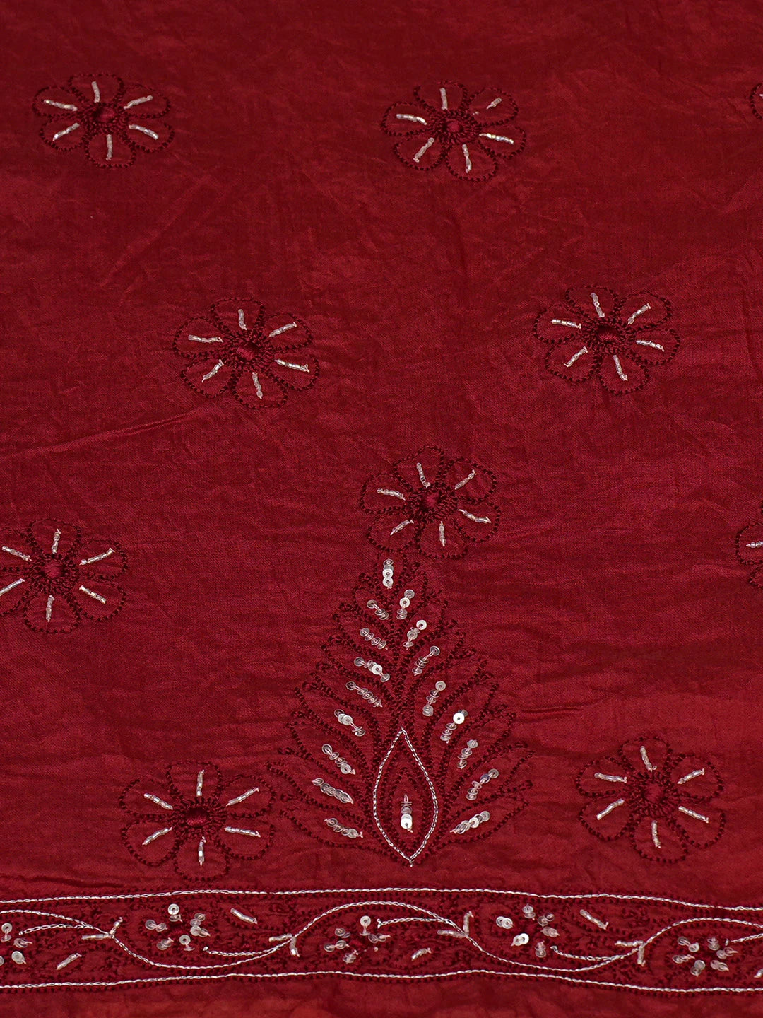 Ada Hand Embroidered Maroon Chanderi Lucknowi Chikankari Unstitched Kurta Dupatta Set With Sequinned Work 01A354618