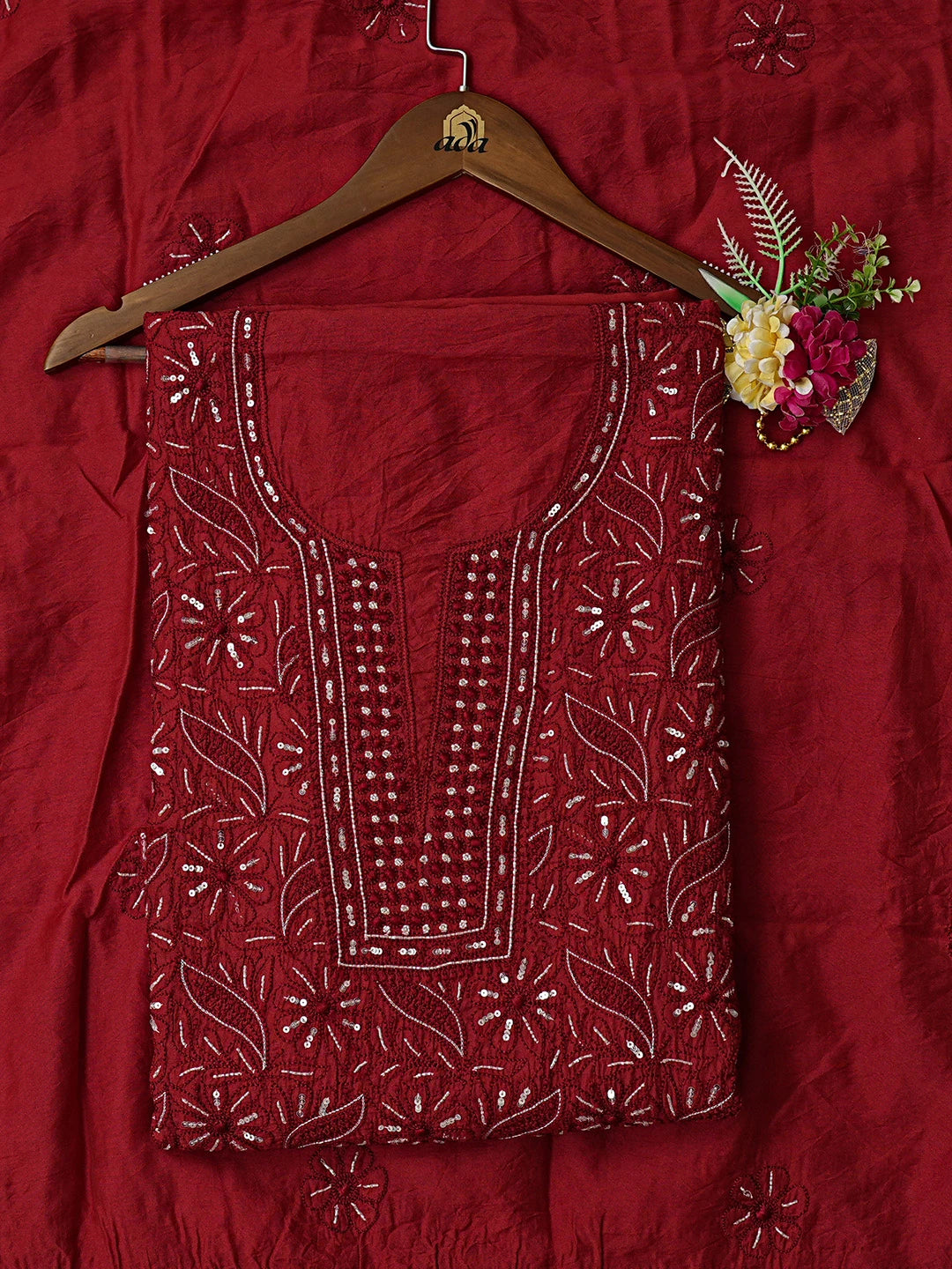 Ada Hand Embroidered Maroon Chanderi Lucknowi Chikankari Unstitched Kurta Dupatta Set With Sequinned Work 01A354618