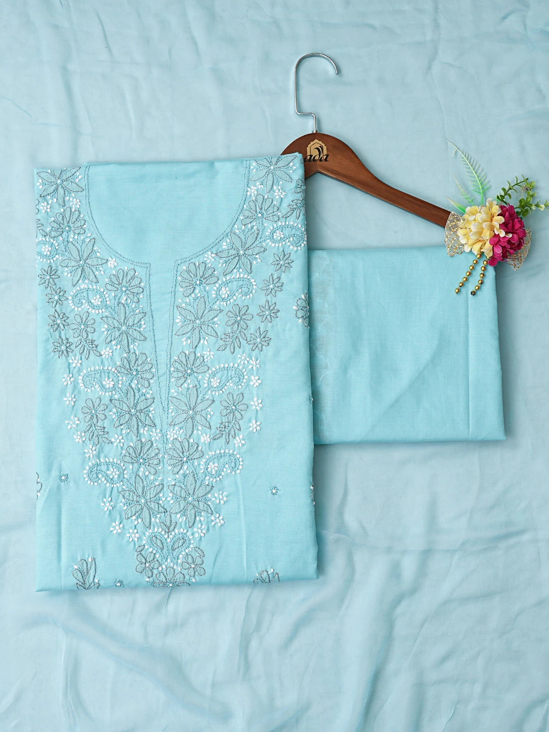 Ada Hand Embroidered Sky Blue Cotton Lucknowi Chikankari Unstitched Suit Piece 08A500546