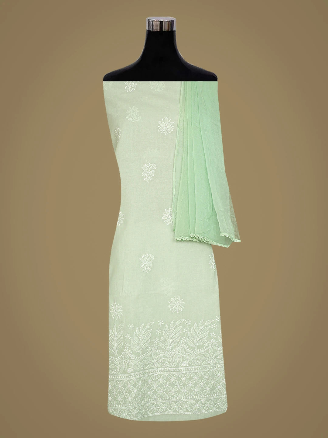 Ada Hand Embroidered Tea Green Cotton Lucknowi Chikankari Unstitched Suit Piece 01A819032