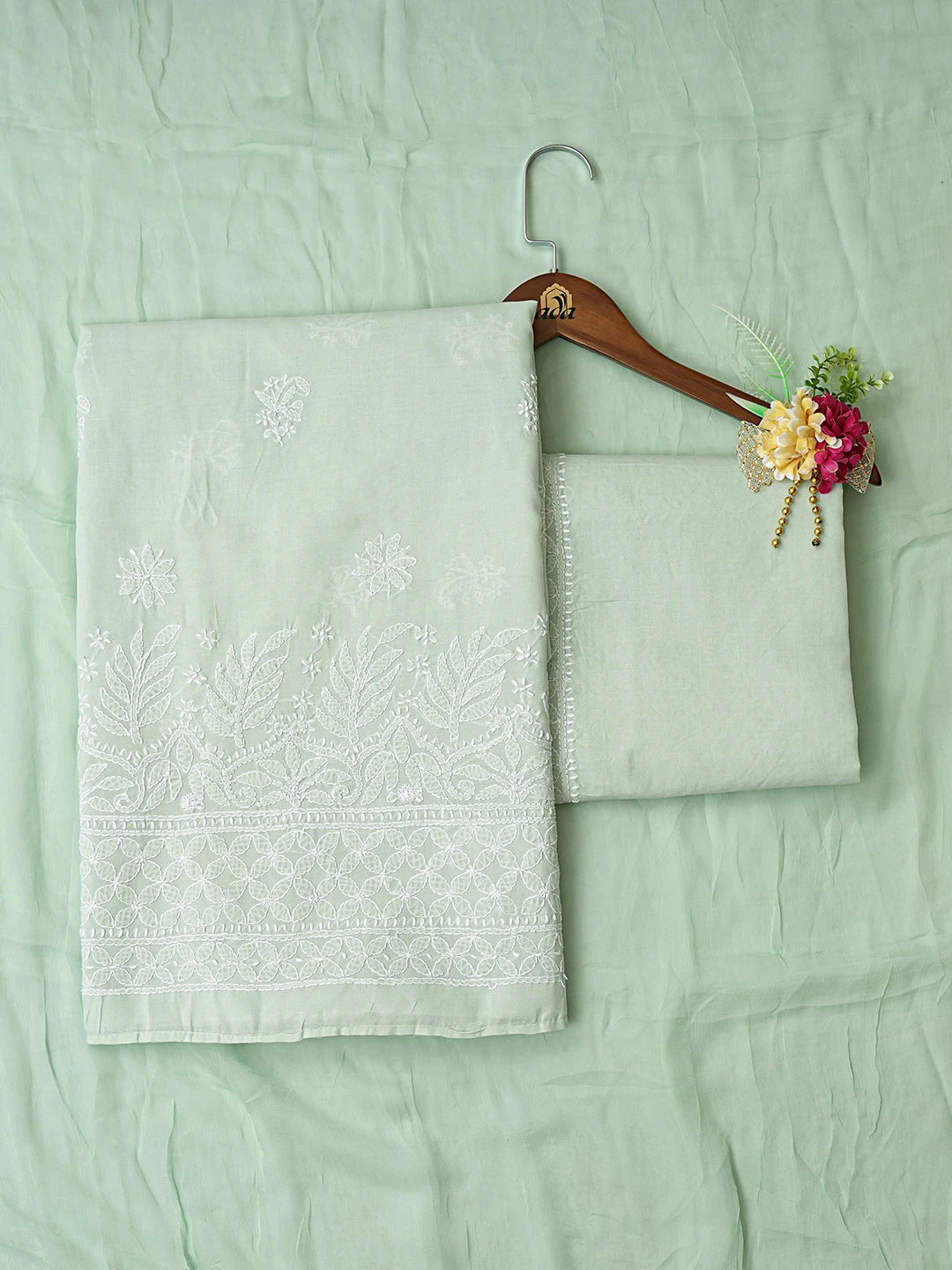 Ada Hand Embroidered Tea Green Cotton Lucknowi Chikankari Unstitched Suit Piece 01A819032