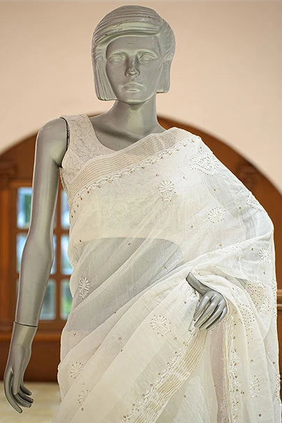 Ada Hand Embroidered White Chanderi Lucknowi Chikankari Saree With Blouse With Mukaish Work 01A787738