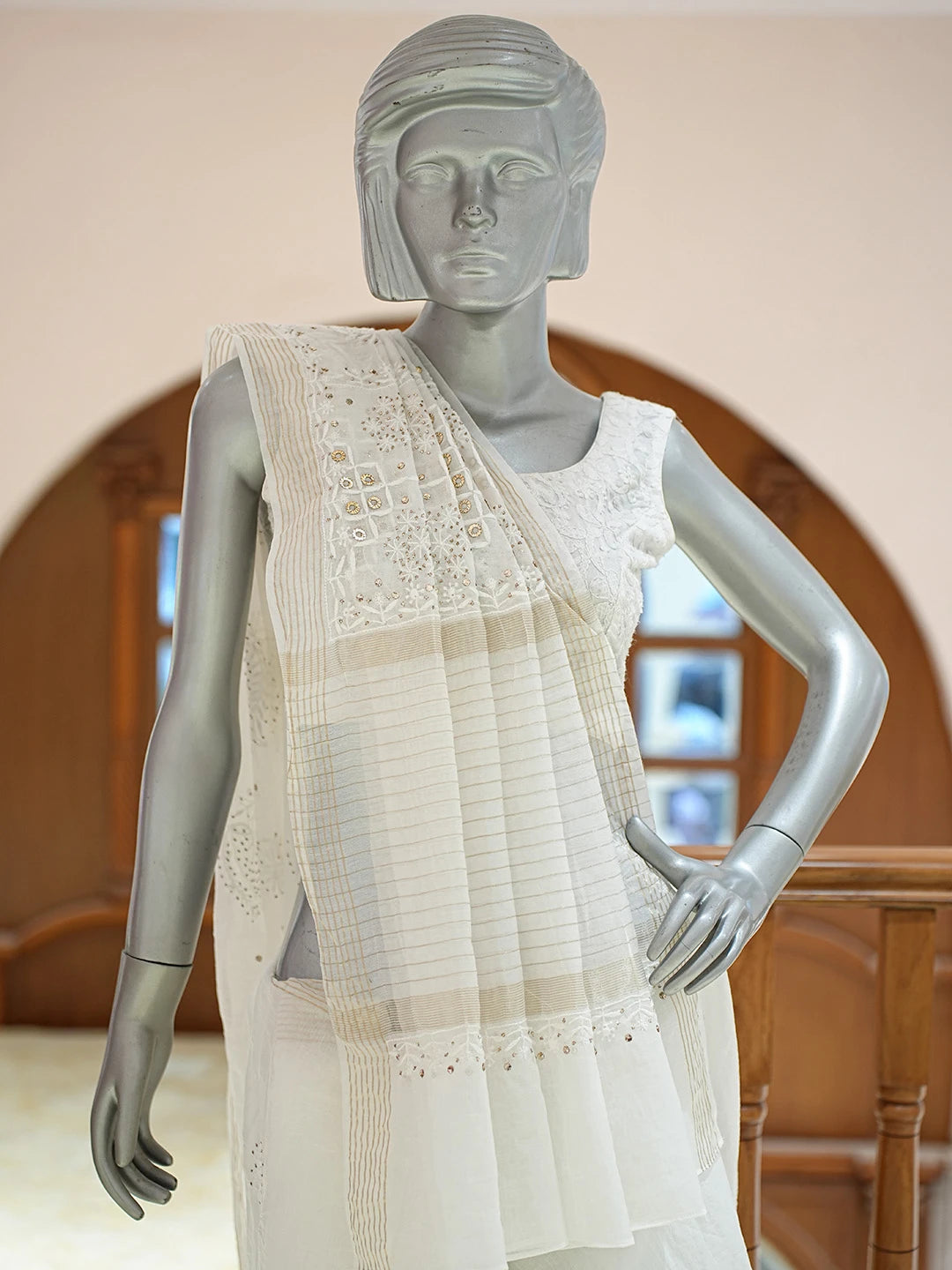 Ada Hand Embroidered White Chanderi Lucknowi Chikankari Saree With Blouse With Mukaish Work 01A787738