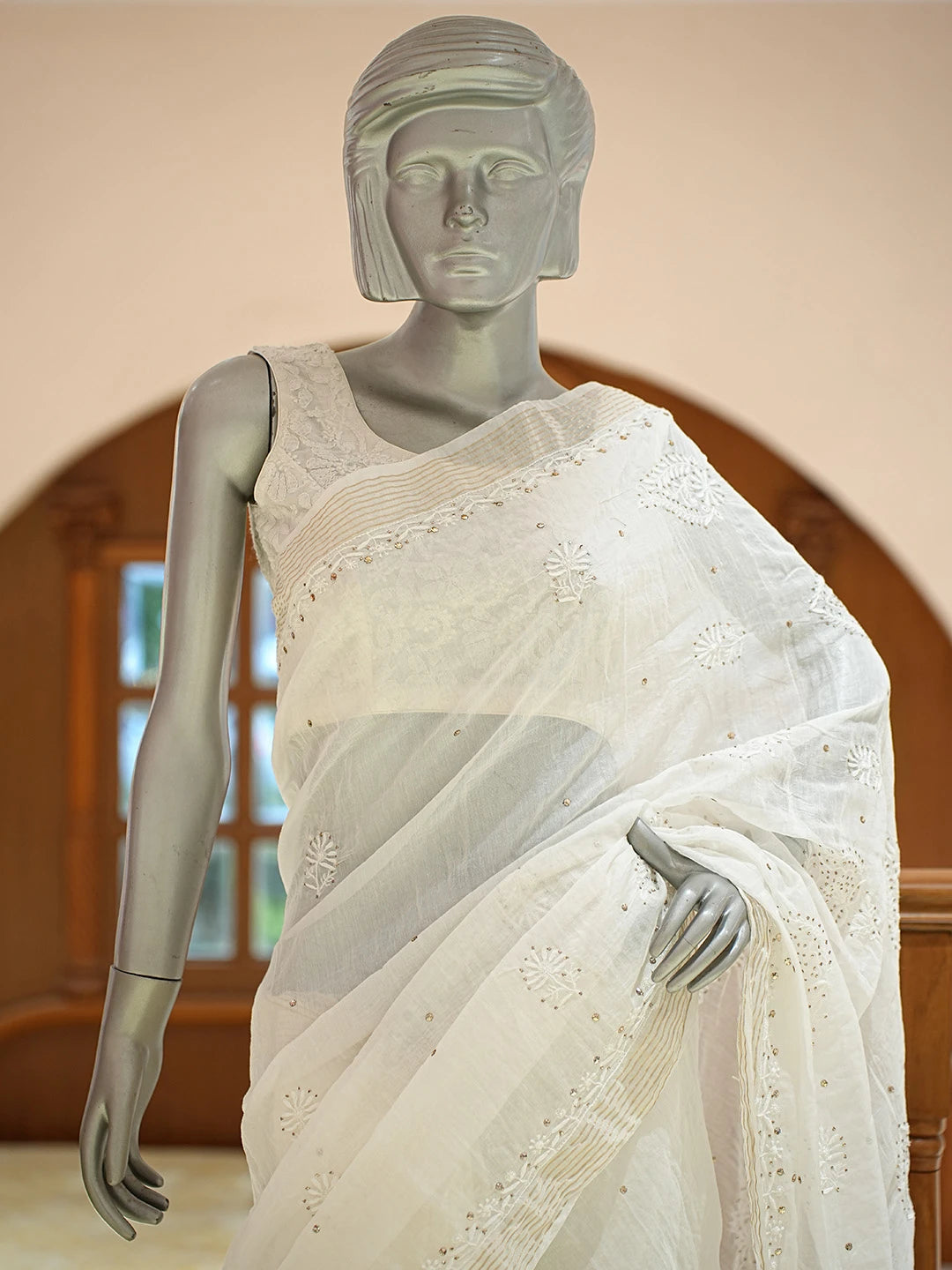 Ada Hand Embroidered White Chanderi Lucknowi Chikankari Saree With Blouse With Mukaish Work 01A787738