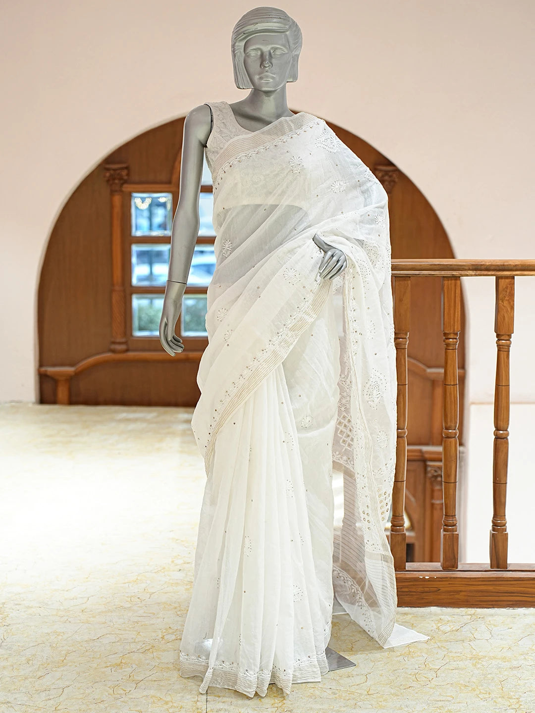 Ada Hand Embroidered White Chanderi Lucknowi Chikankari Saree With Blouse With Mukaish Work 01A787738