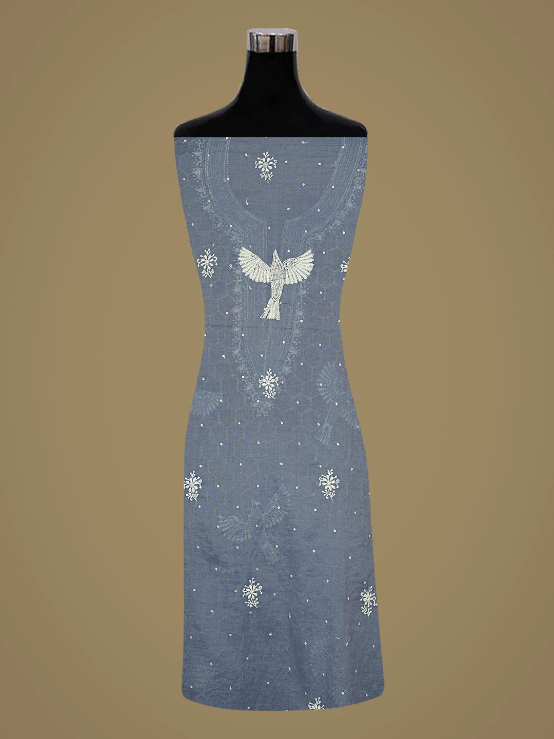 Ada Hand Embroidered Silver Lake Blue Chanderi Lucknowi Chikankari Unstitched Kurta Dupatta Set With Pearl Work 01A669643