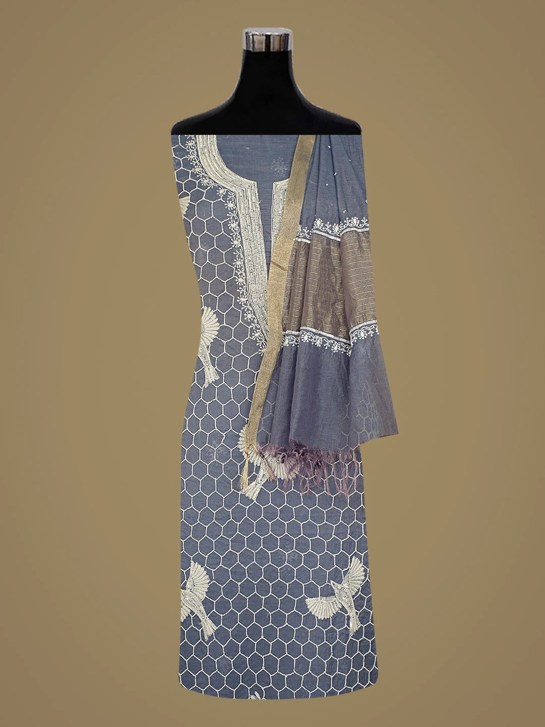 Ada Hand Embroidered Silver Lake Blue Chanderi Lucknowi Chikankari Unstitched Kurta Dupatta Set With Pearl Work 01A669643