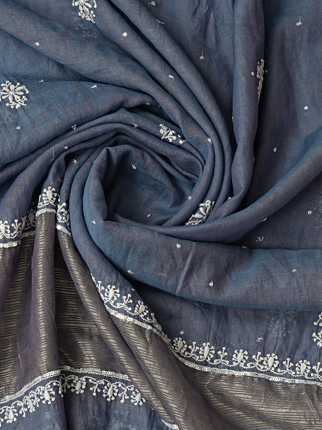 Ada Hand Embroidered Silver Lake Blue Chanderi Lucknowi Chikankari Unstitched Kurta Dupatta Set With Pearl Work 01A669643