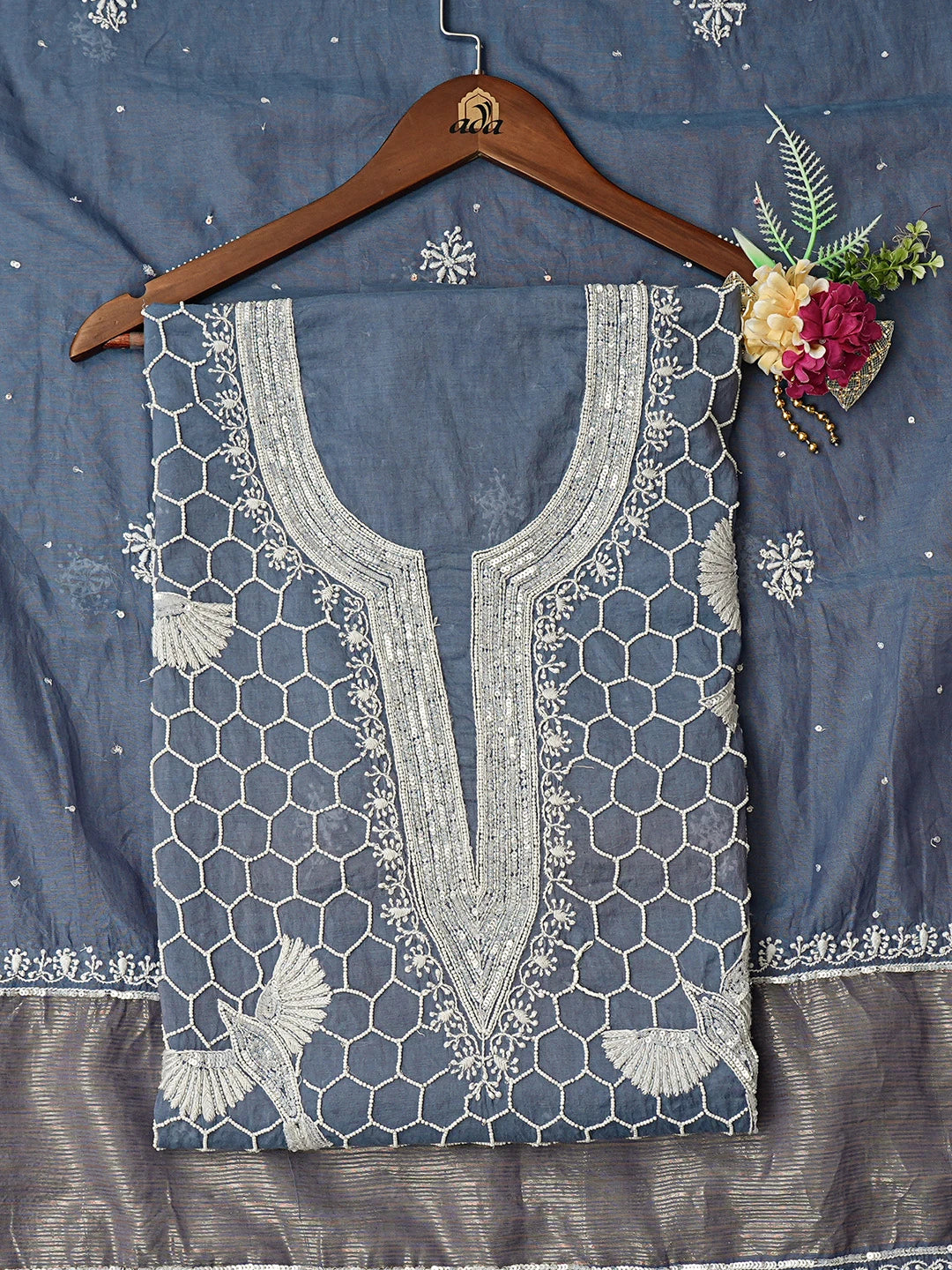 Ada Hand Embroidered Silver Lake Blue Chanderi Lucknowi Chikankari Unstitched Kurta Dupatta Set With Pearl Work 01A669643