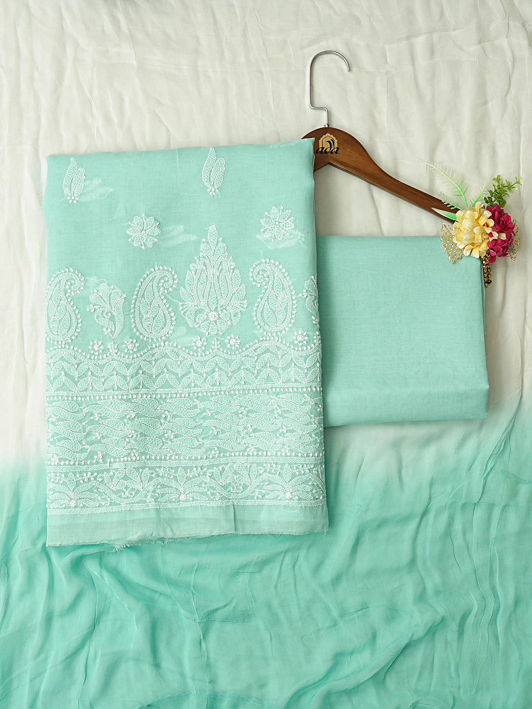 Ada Hand Embroidered Sea Green Cotton Lucknowi Chikankari Unstitched Suit Piece 01A819071