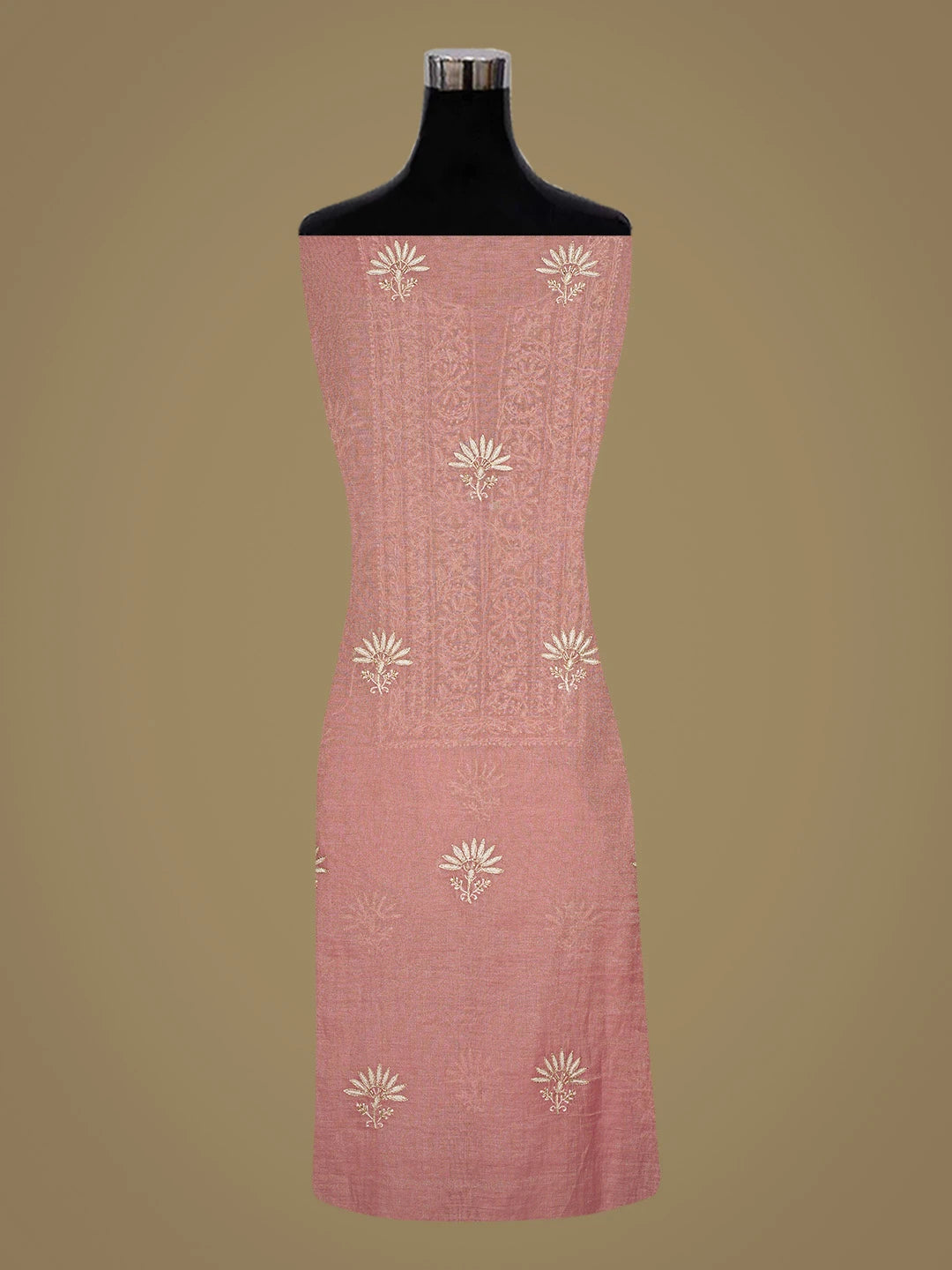 Ada Hand Embroidered Dark Peach Tissue Lucknowi Chikankari Unstitched Kurta Dupatta Set With Cutdana Work 01A759634