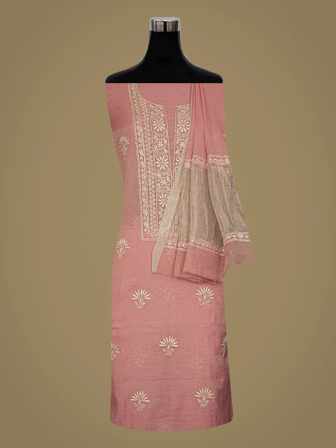Ada Hand Embroidered Dark Peach Tissue Lucknowi Chikankari Unstitched Kurta Dupatta Set With Cutdana Work 01A759634