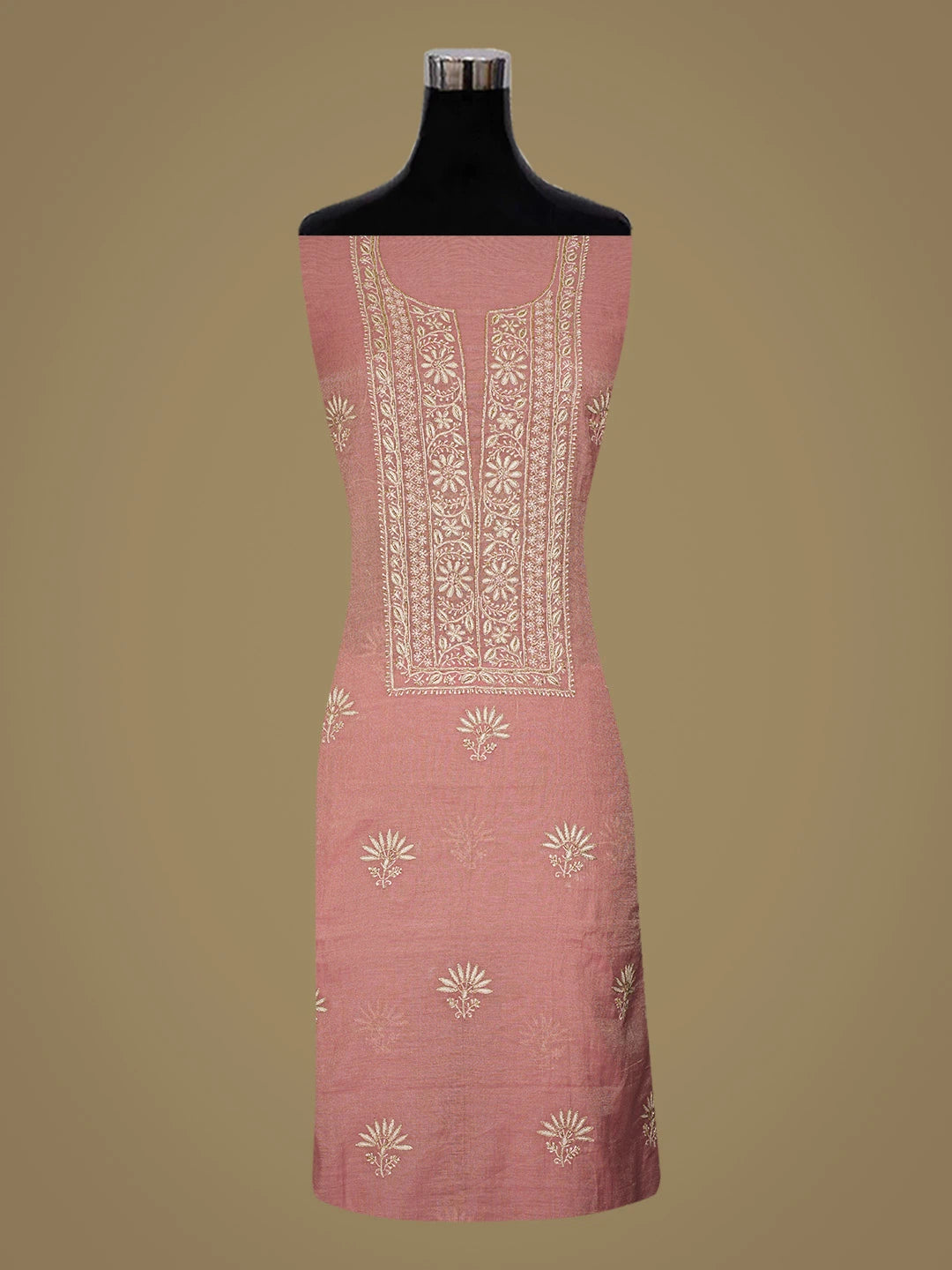 Ada Hand Embroidered Dark Peach Tissue Lucknowi Chikankari Unstitched Kurta Dupatta Set With Cutdana Work 01A759634