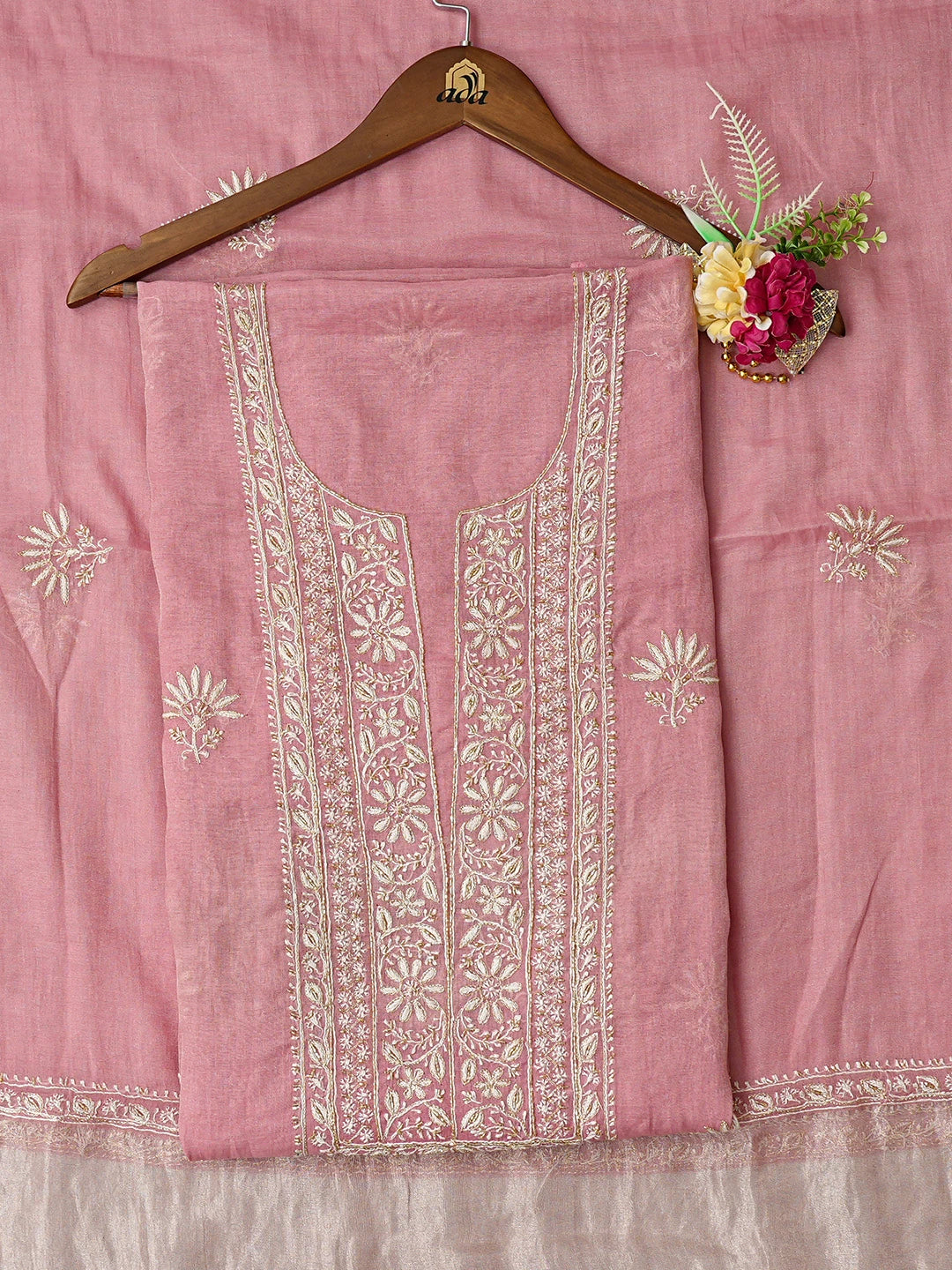 Ada Hand Embroidered Dark Peach Tissue Lucknowi Chikankari Unstitched Kurta Dupatta Set With Cutdana Work 01A759634