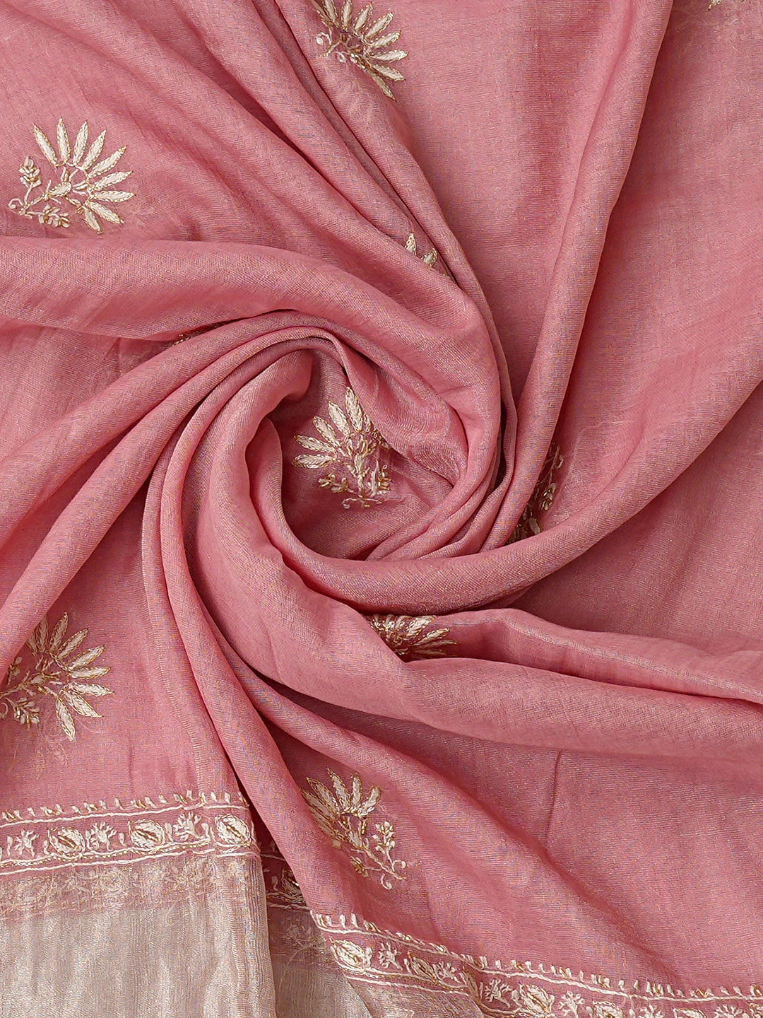 Ada Hand Embroidered Dark Peach Tissue Lucknowi Chikankari Unstitched Kurta Dupatta Set With Cutdana Work 01A759634