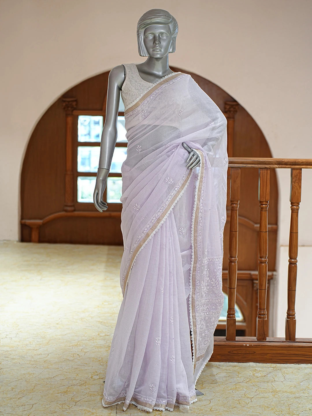 Ada Hand Embroidered Periwinkle Blue Kota Lucknowi Chikankari Saree and Blouse 01A736097