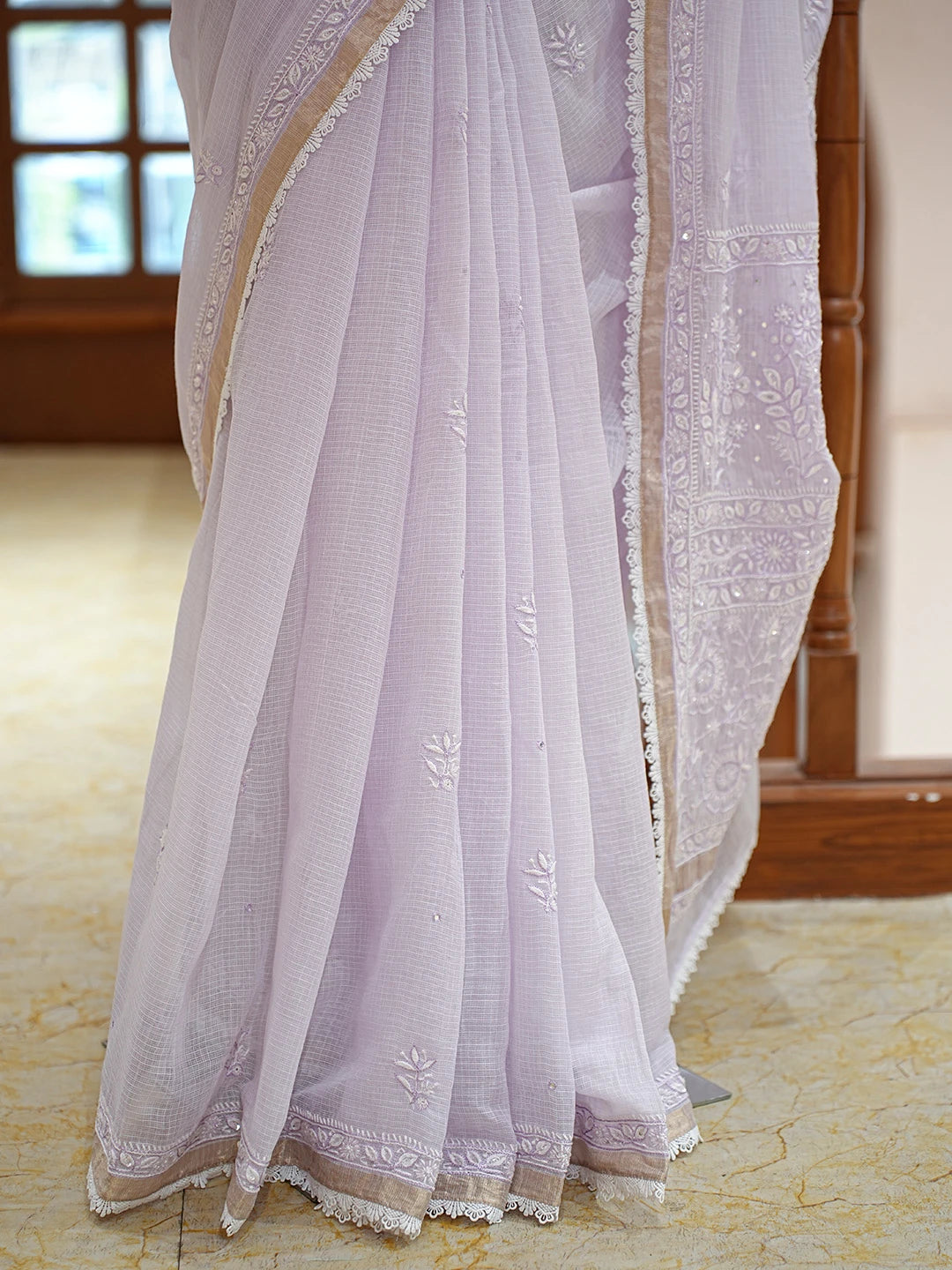 Ada Hand Embroidered Periwinkle Blue Kota Lucknowi Chikankari Saree and Blouse 01A736097