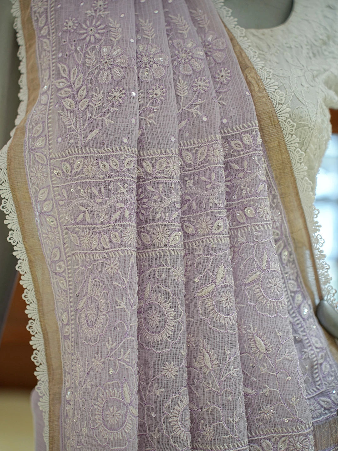 Ada Hand Embroidered Periwinkle Blue Kota Lucknowi Chikankari Saree and Blouse 01A736097