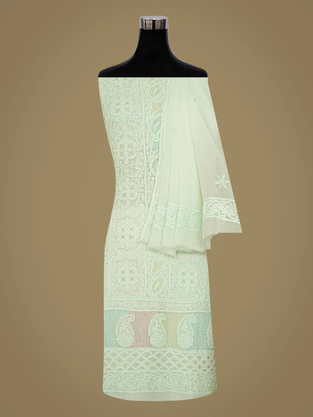 Ada Hand Embroidered Light Green Viscose Georgette Lucknowi Chikankari Unstitched Kurta Dupatta Set With Cutdana Work 01A785359
