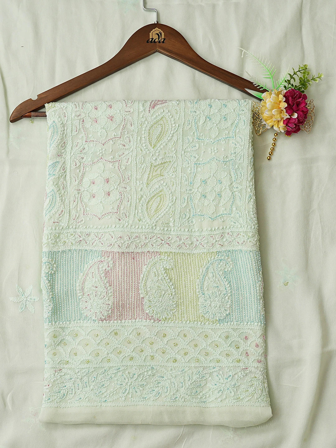 Ada Hand Embroidered Light Green Viscose Georgette Lucknowi Chikankari Unstitched Kurta Dupatta Set With Cutdana Work 01A785359