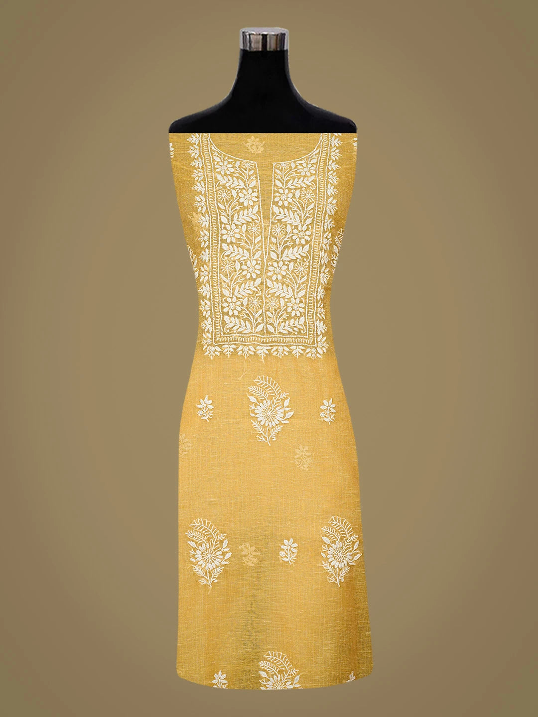 Ada Hand Embroidered Mustard Tissue Lucknowi Chikankari Unstitched Kurta Dupatta Set 01A818305