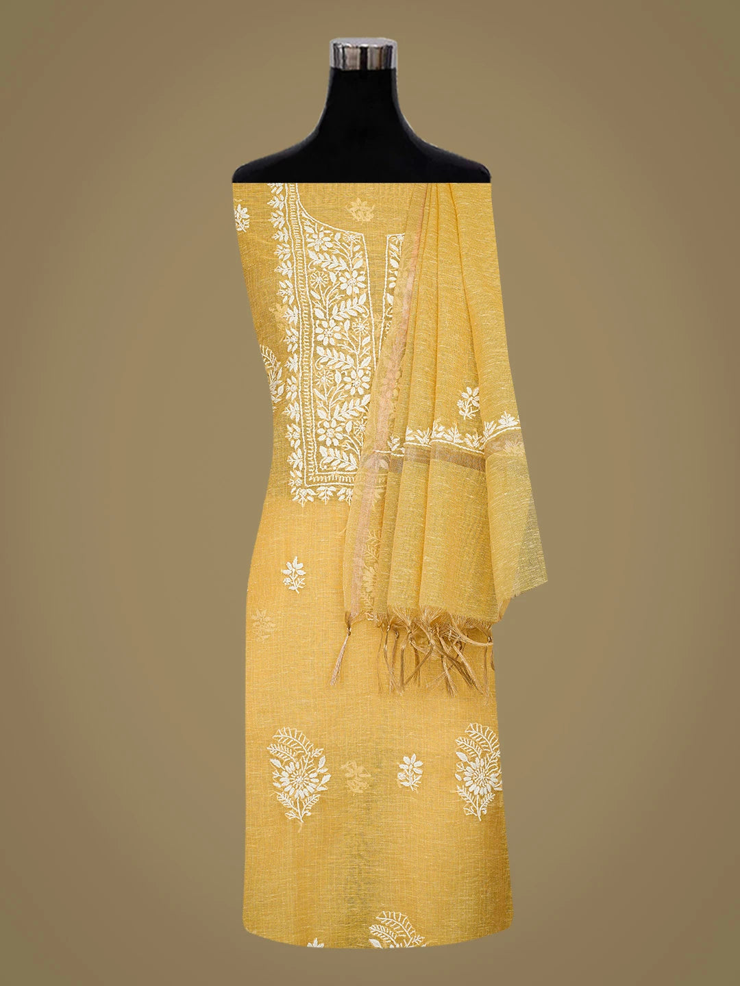 Ada Hand Embroidered Mustard Tissue Lucknowi Chikankari Unstitched Kurta Dupatta Set 01A818305