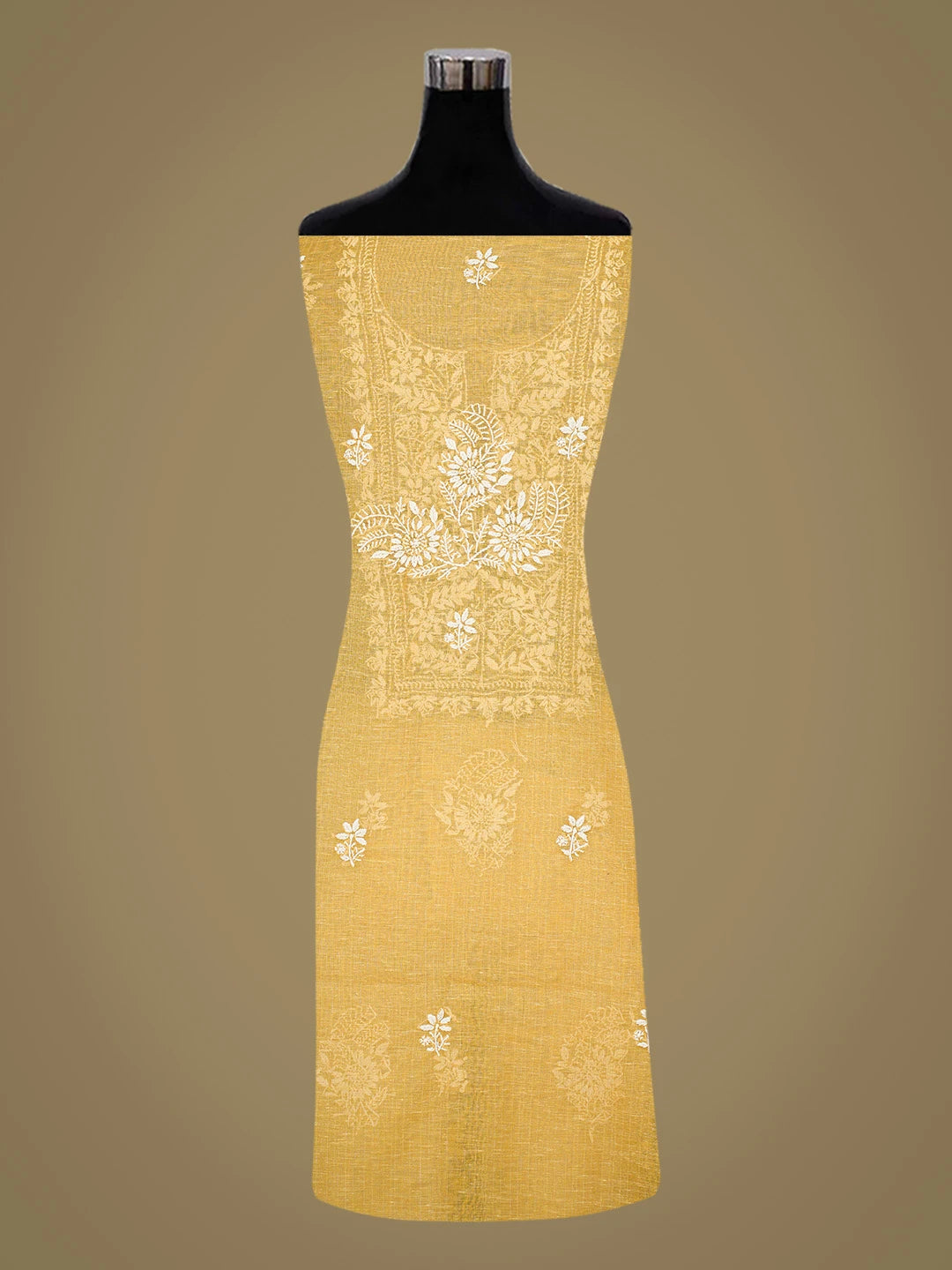 Ada Hand Embroidered Mustard Tissue Lucknowi Chikankari Unstitched Kurta Dupatta Set 01A818305