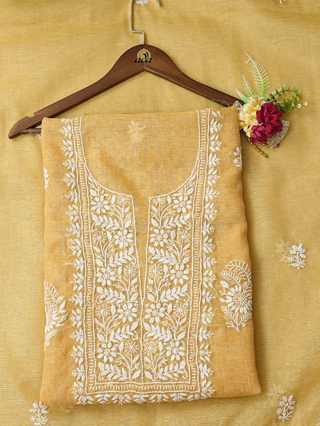 Ada Hand Embroidered Mustard Tissue Lucknowi Chikankari Unstitched Kurta Dupatta Set 01A818305